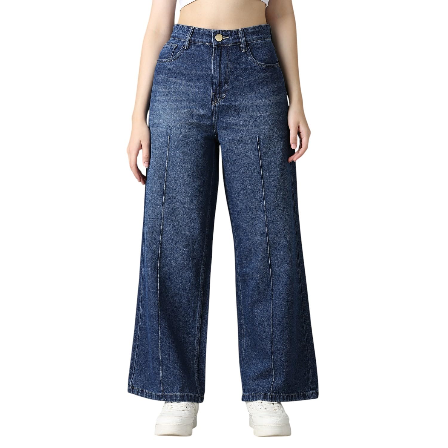 cefalu Women’s Blue High-Rise Wide-Leg Denim Jeans with Pintuck Detailing – Casual Relaxed Fit-picture-37