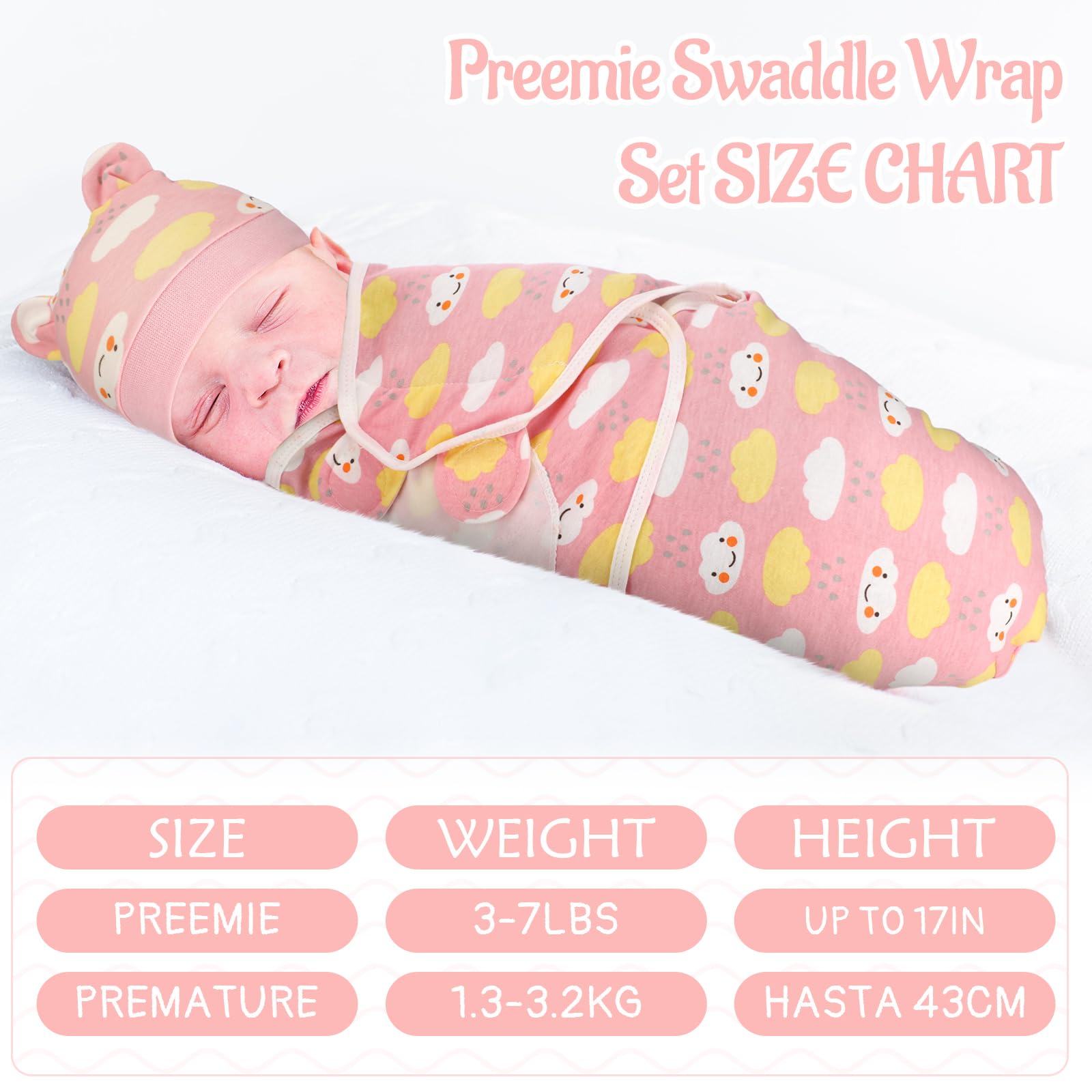 Namalu Preemie Wickeldecken-Set mit Mütze für Babys, Jungen und Mädchen, 1,4–3,2 kg, Frühchen, Neugeborene, Kleidung, Schlafanzug, Rosa, Boho, 4 Stück