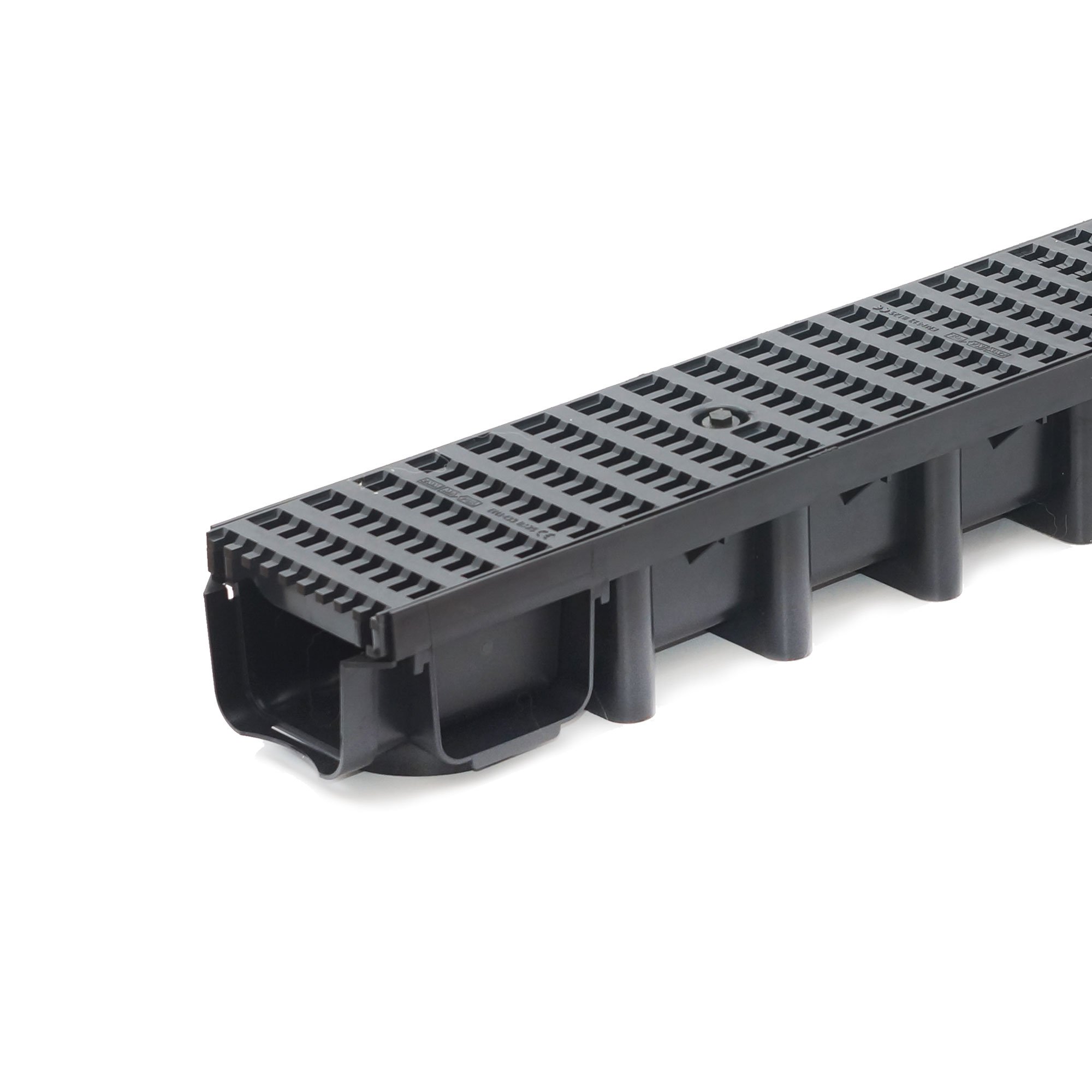 5m Entwässerungsrinne Belastungsklasse B125, 98mm komplett SET Stegrost Kunststoff (schwarz)