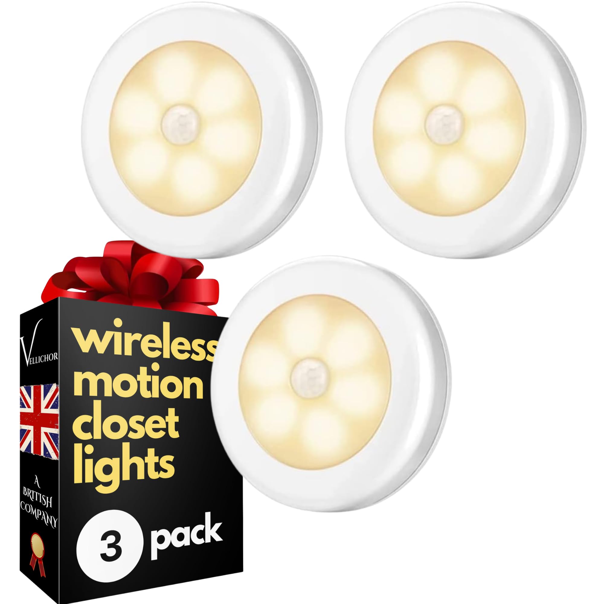 vellichor 3 Pack motion sensor wireless light for wardrobes cupboards and under stairs closets Battery Powered LED warm white lamp with automatic on off kitchen, bedroom, bathroom, garage, shed, loft