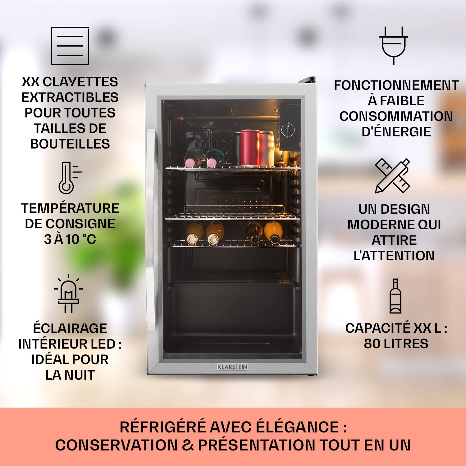 KLARSTEIN Beersafe Beverage Fridge 80L - Mini Fridge with Glass Door, Black/Silver | LED Lighting, Removable Metal Shelves, Quiet, for Drinks and Cans