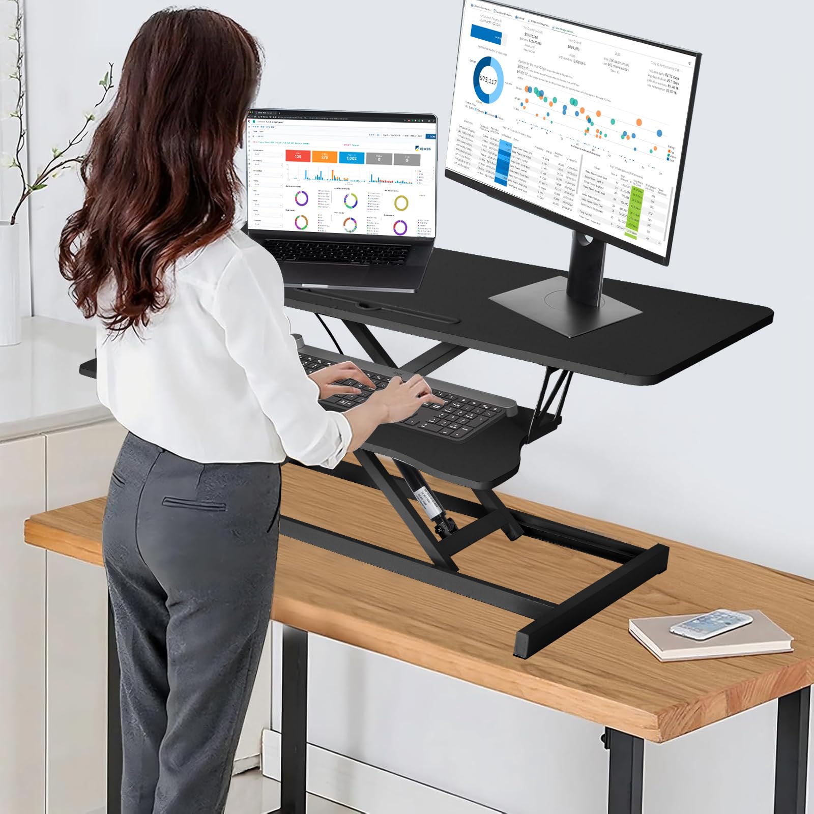 Generisch Steh-Sitz Schreibtischaufsatz Höhenverstellbar, 37'' Zweistufige Stehpult Konverter Mit Tastaturablage, Steh-Sitz- Für Zwei Monitore Und Laptop, 17 Kg Kapazität