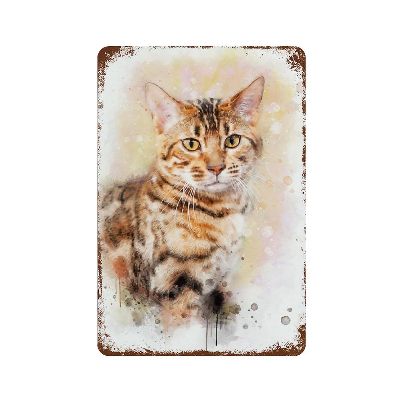 Decorative Tin Sign with Bengal Cat Watercolor Design 11.8"x7.9", for Garage, Bar And Workshop Decor, Decorative Metal Wall Art