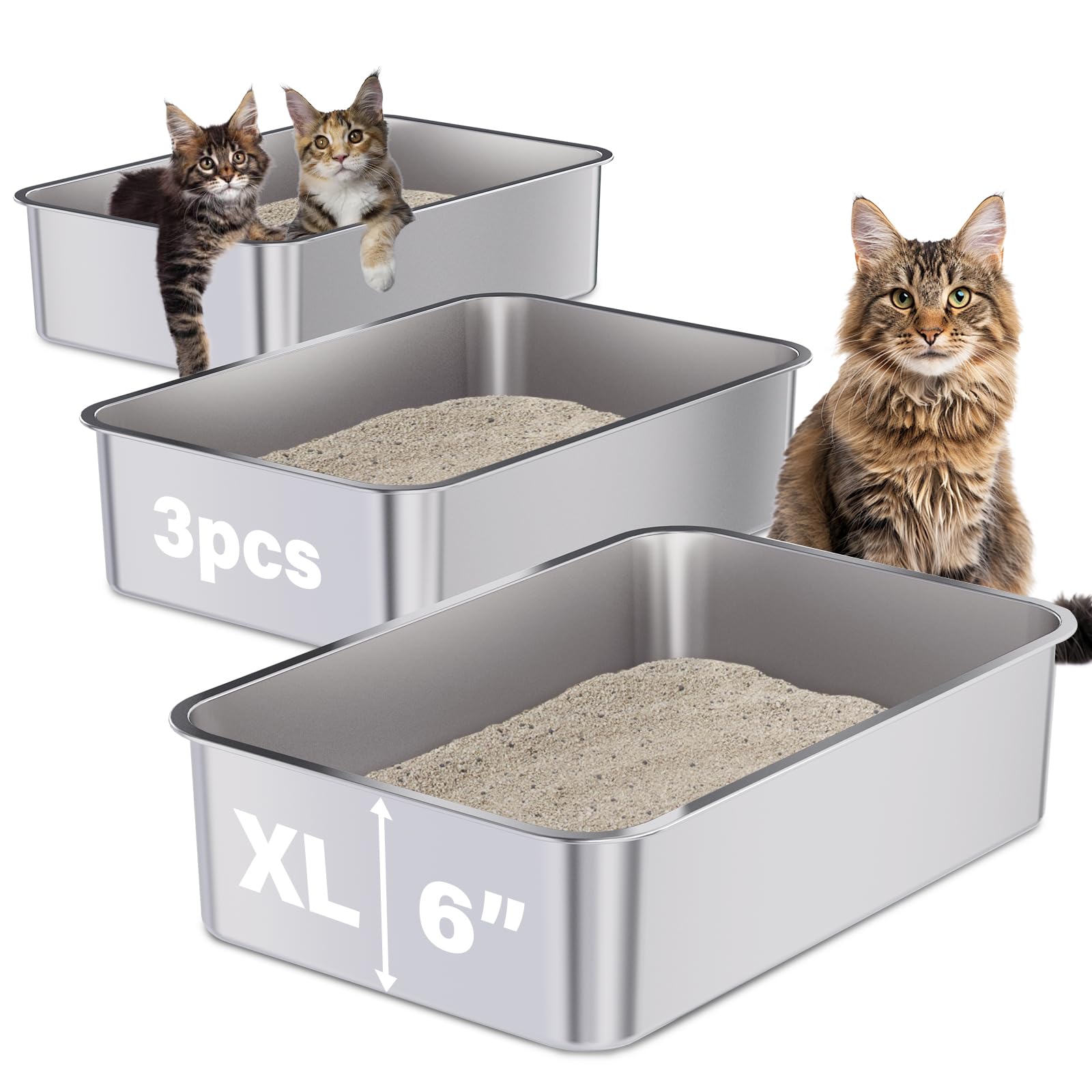 Holintan Stainless Steel Litter Box 3 Pack, 23.6" X 15.7" X 6" Extra Large Cat Litterbox No Smell, XL Metal Litter Box for Big Kitty, Multiple Cats, Non Stick, Easy Cleaning