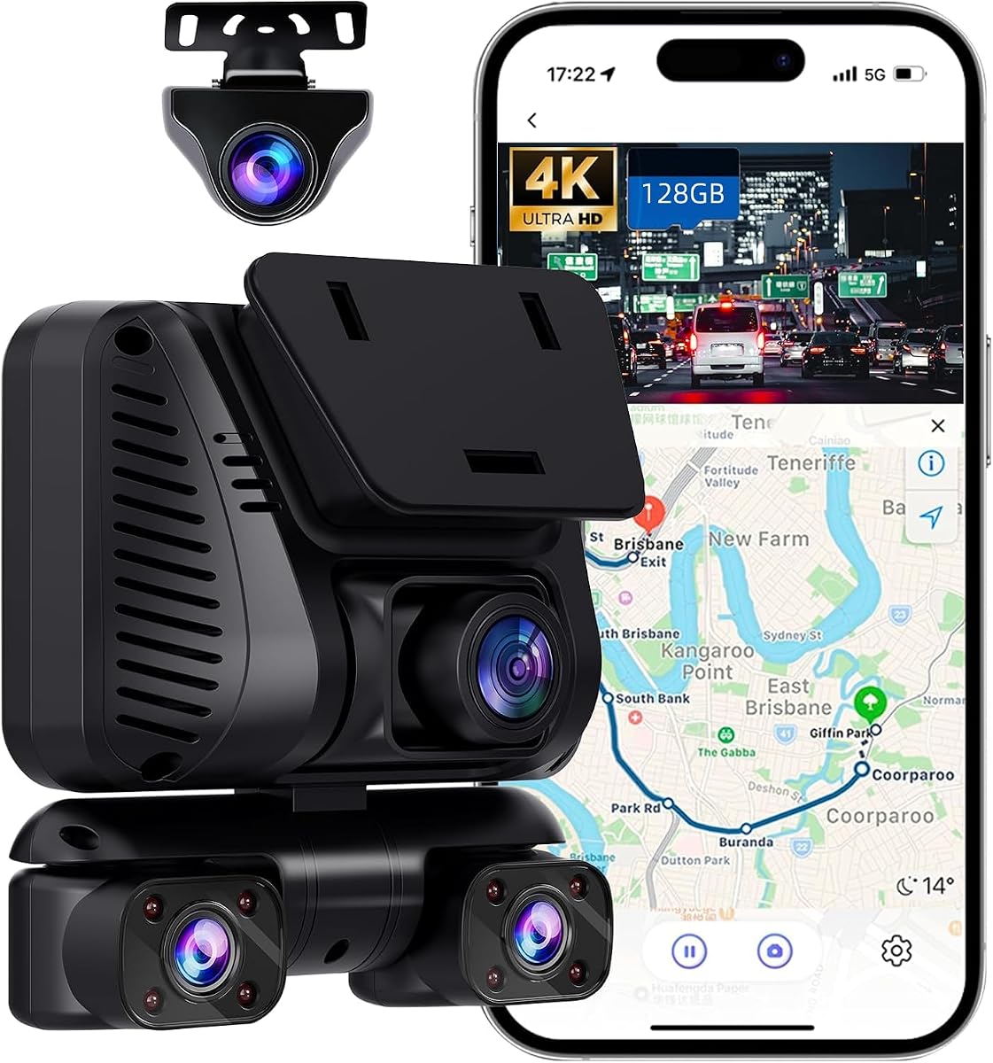 Cámara de salpicadero 4K con vista de 360°, cámara de salpicadero delantera y trasera de 4 canales para coches, GPS Wi-Fi integrado de 5 GHz, control de voz, tarjeta 128 G gratuita, visión nocturna, modo de estacionamiento 24 horas, sensor G