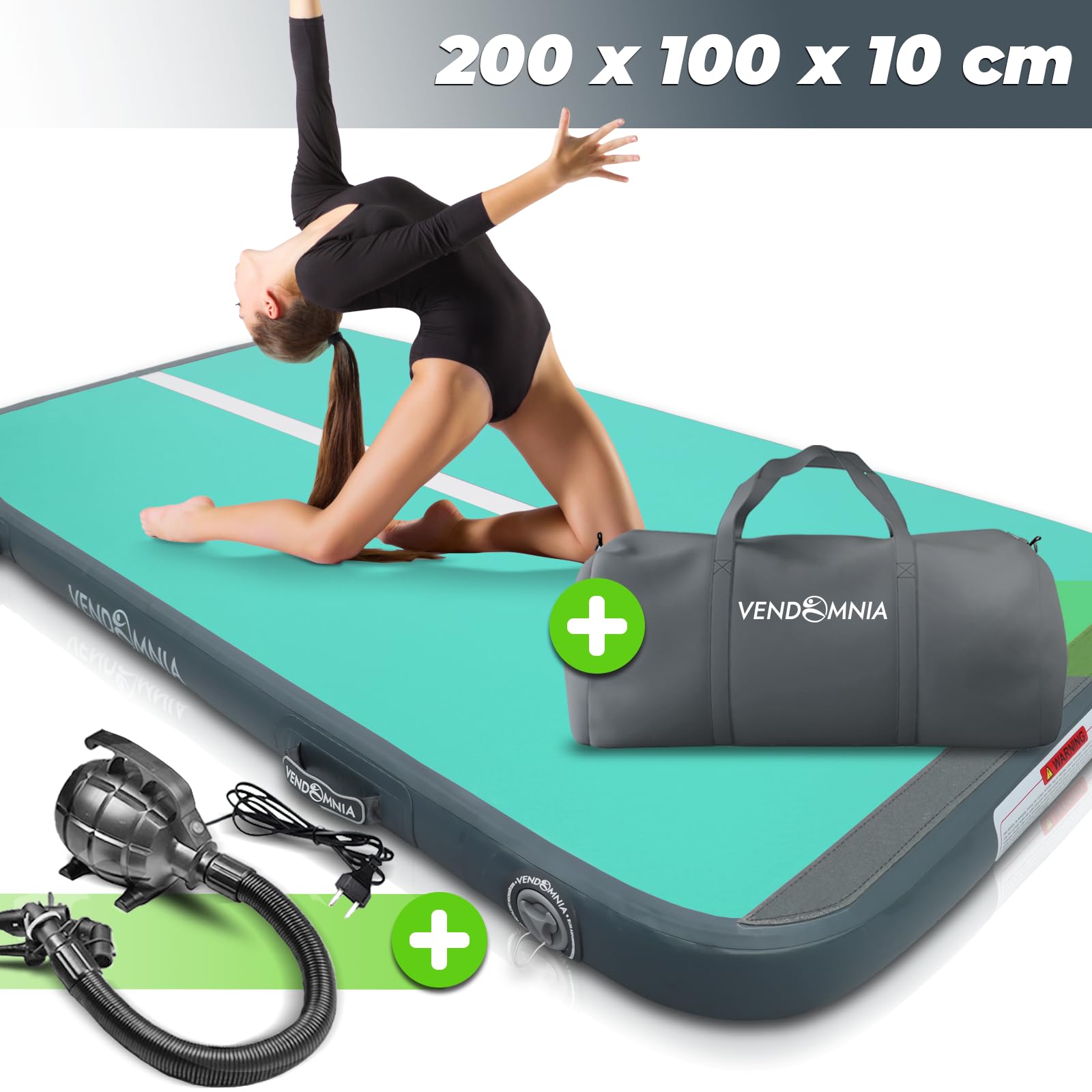 VENDOMNIA Airtrack Matte, 10/20cm hohe aufblasbare Gymnastikmatte in Länge 1/2/3/4/5/6/7/8 m, mit elektrischer Pumpe & Tasche, Tumbling Matte, Turnmatte, Trainingsmatte, Fitnessmatte, Sportmatte,Yoga