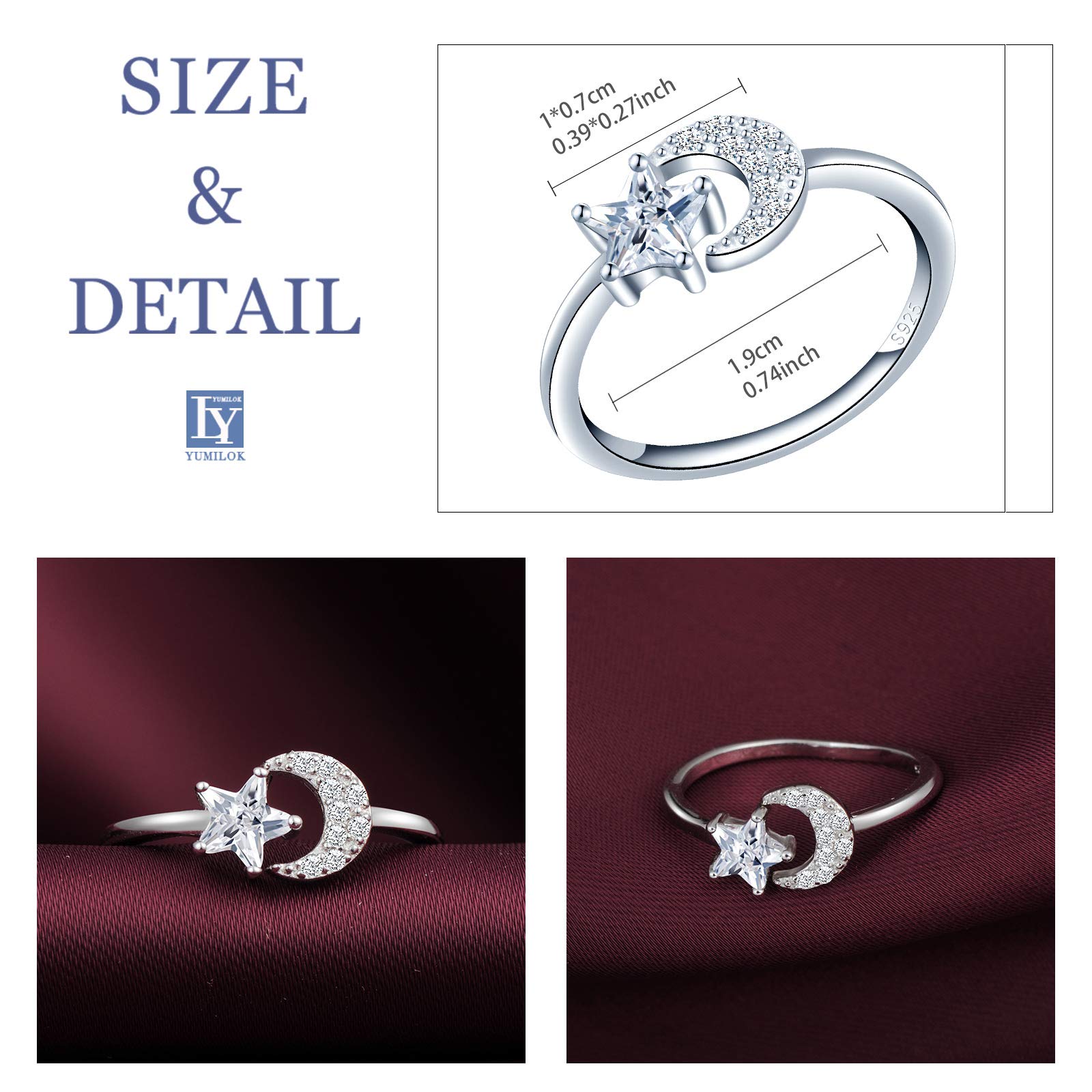 Yumilok Anillo de plata 925, anillo ajustable para mujer y niña, anillo de compromiso abierto, anillo de luna y estrella, circonita cúbica con incrustaciones, tamaño ajustable