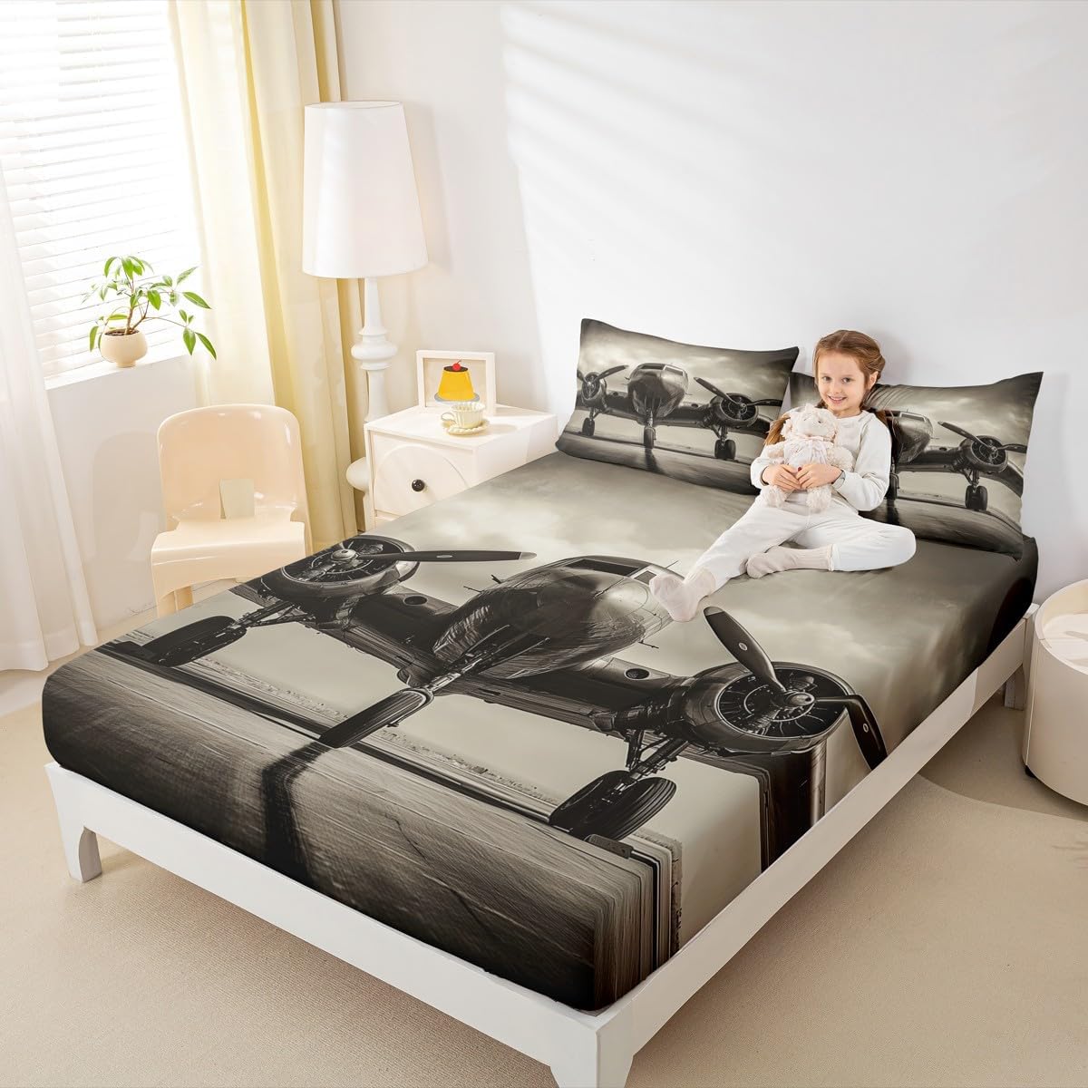 3D Airpalne Fitted Sheet Queen Size 3 Pcs,70s 80s Vintage Aircraft Decor Bedding Set for Kids Boys Teens Adults,Modern Cool Plane Print Bed Cover with 2 Pillowcases(No Top Sheet)
