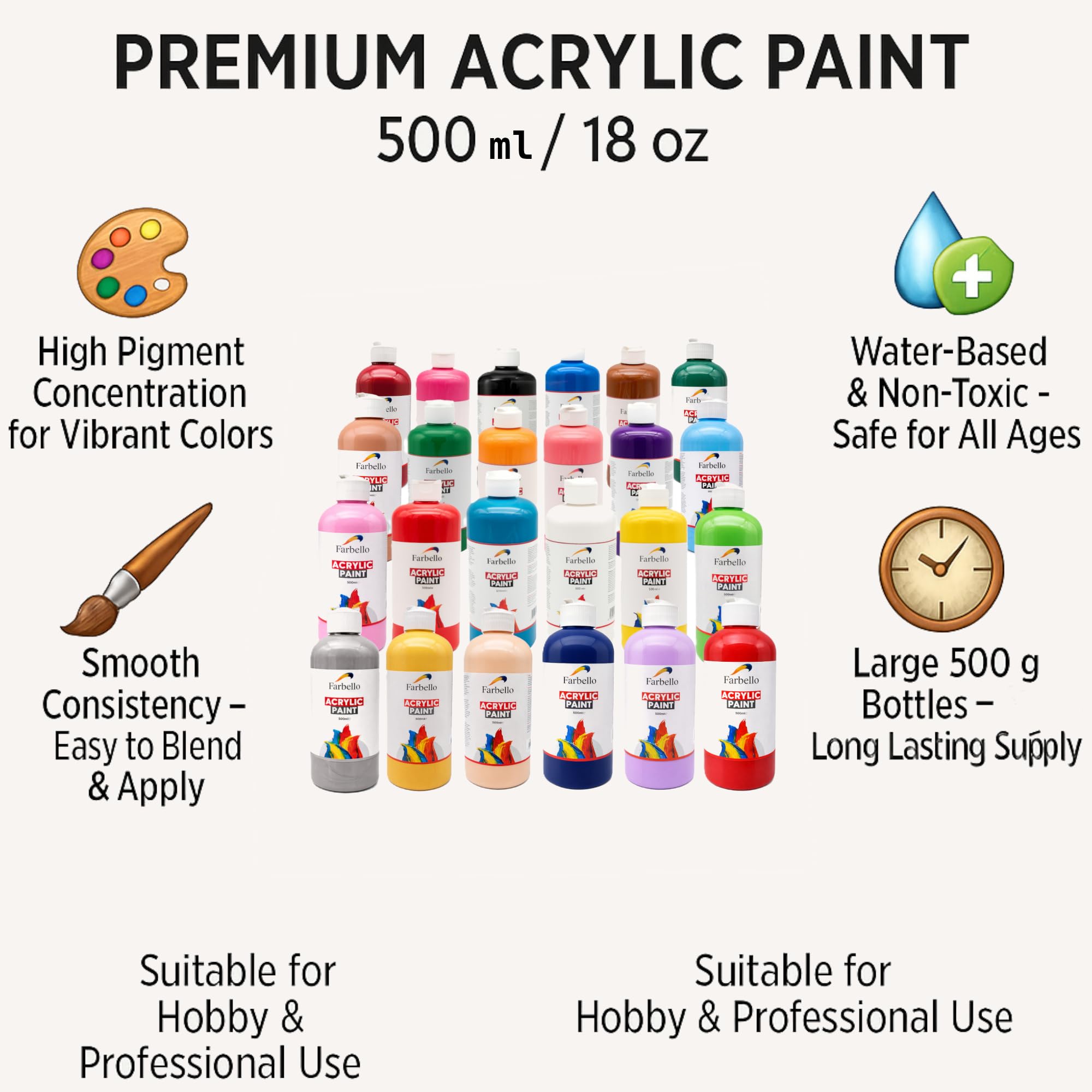 Juego de pinturas acrílicas de 500 ml cada una, a base de agua, resistente al agua y altamente pigmentadas, kit de pintura acrílica profesional para madera, lienzo, tela, piedra, kit de pintura