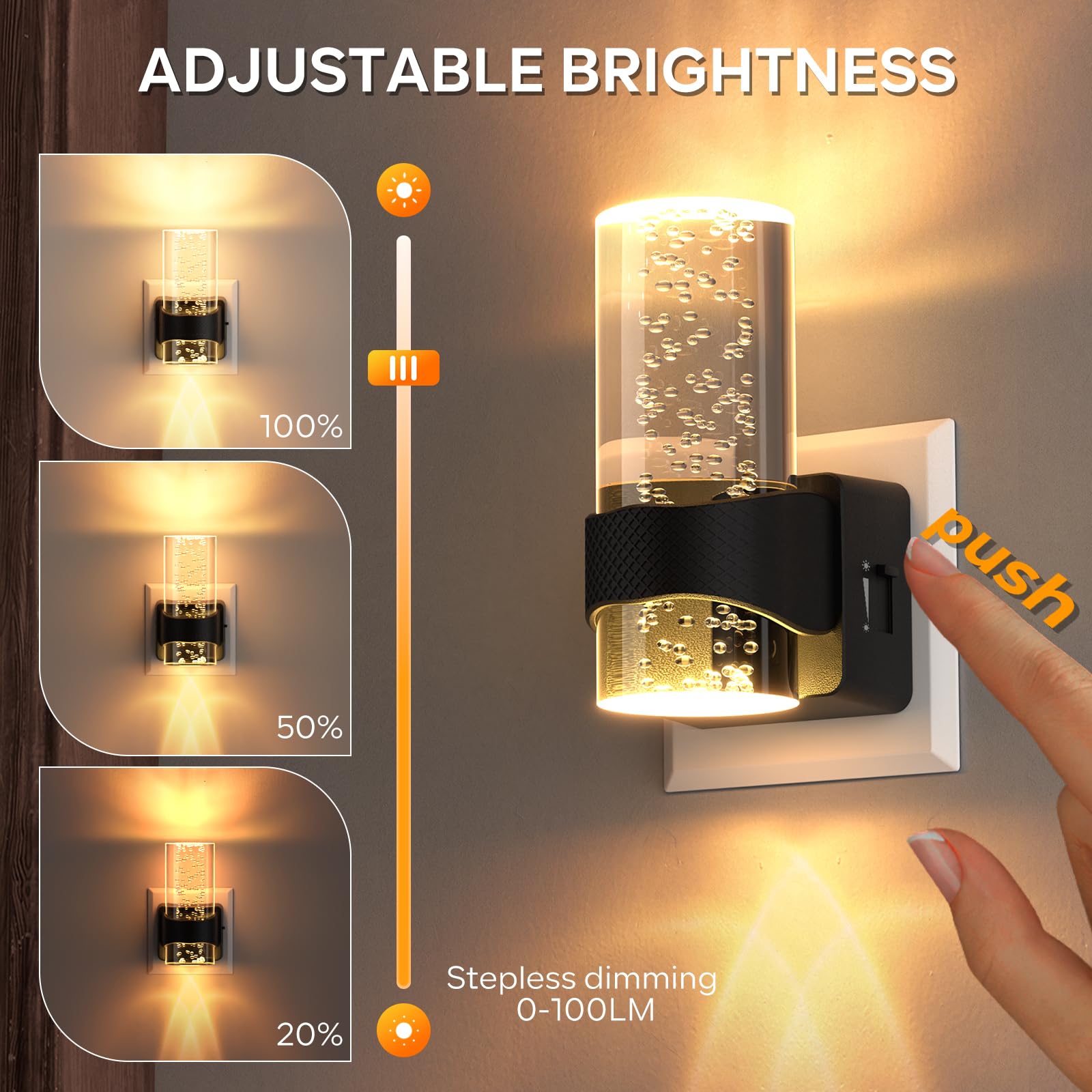 Quntis Luce Notturna da Presa con Sensore Crepuscolare, Luce Notturna con Design a Bolla in Acrilico, 1-100 lm Luminosità Regolabile, 2 Pezzi Luci Notturne da Presa, 3000K Bianco Caldo - 3