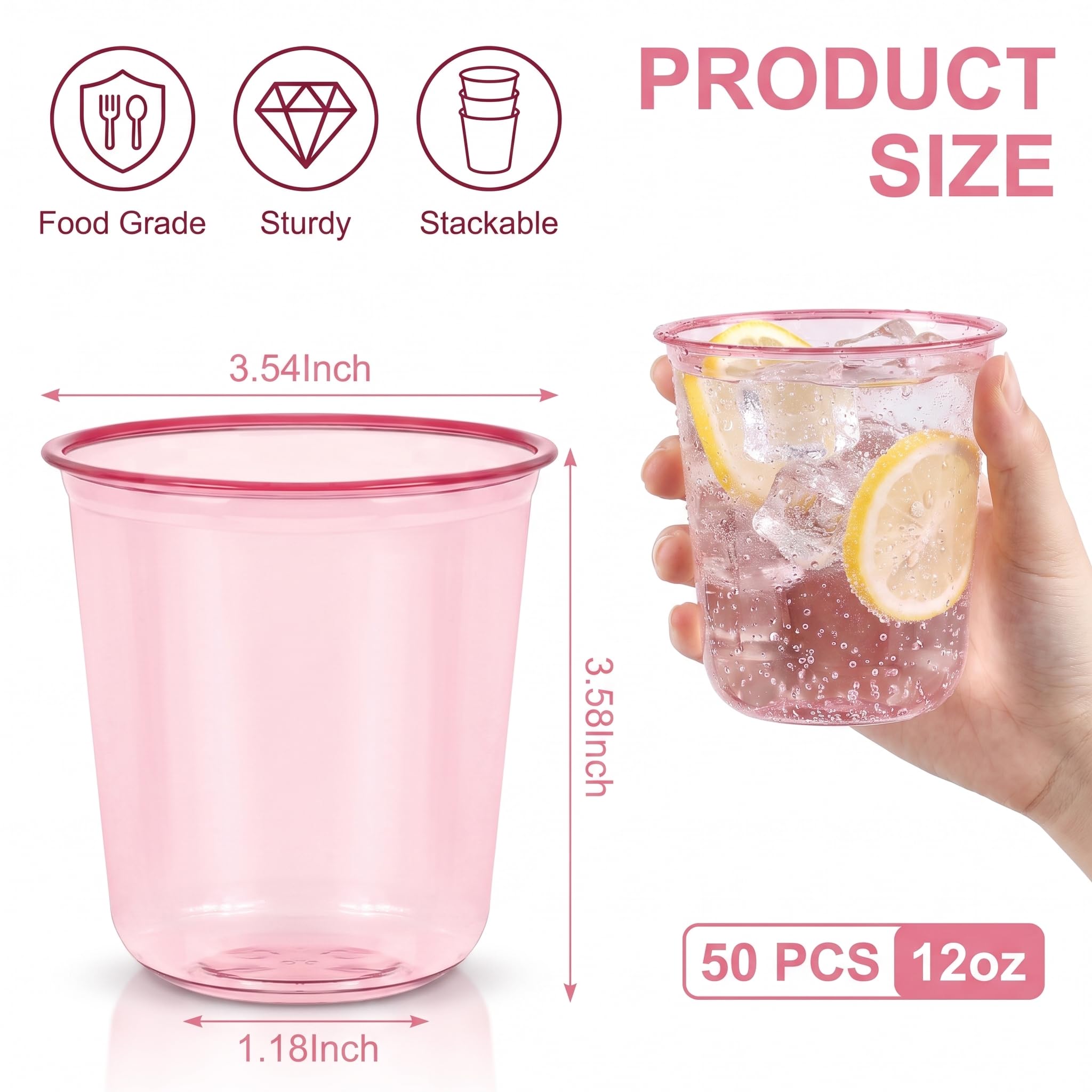 GGOLDMER 50 Pack 12oz Pink Plastic Cups, Disposable Pink Party Cups — Amazon image 2