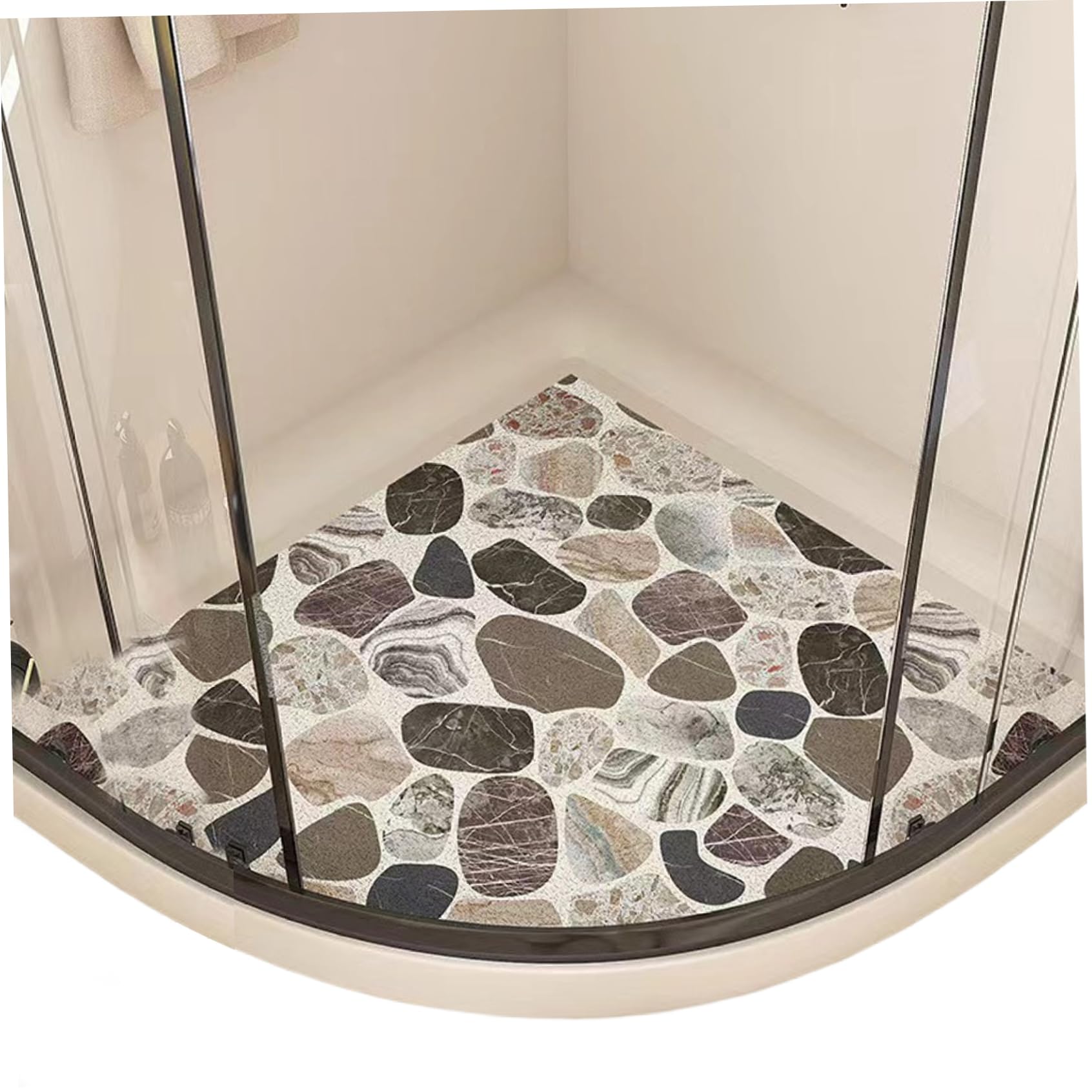 Tsawntd Corner Shower Mat, 22x22 Inch Water-Absorbent Non-slip Shower Mat, Curved Fan-Shape Loofah, Quick Drying Bathroom Floor with Drain for Inside Loofah