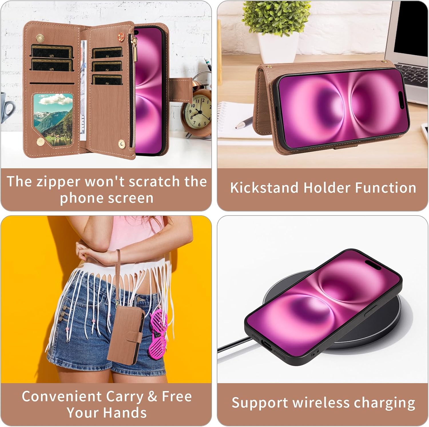 Asuwish Phone Case for iPhone 16 Plus 6.7 inch Zipper Wallet Magnetic Detachable Cell Cover with Tempered Glass Screen Protector Crossbody Strap Card Holder Slot i Phone16 16+ i16 + 16Plus Women Brown