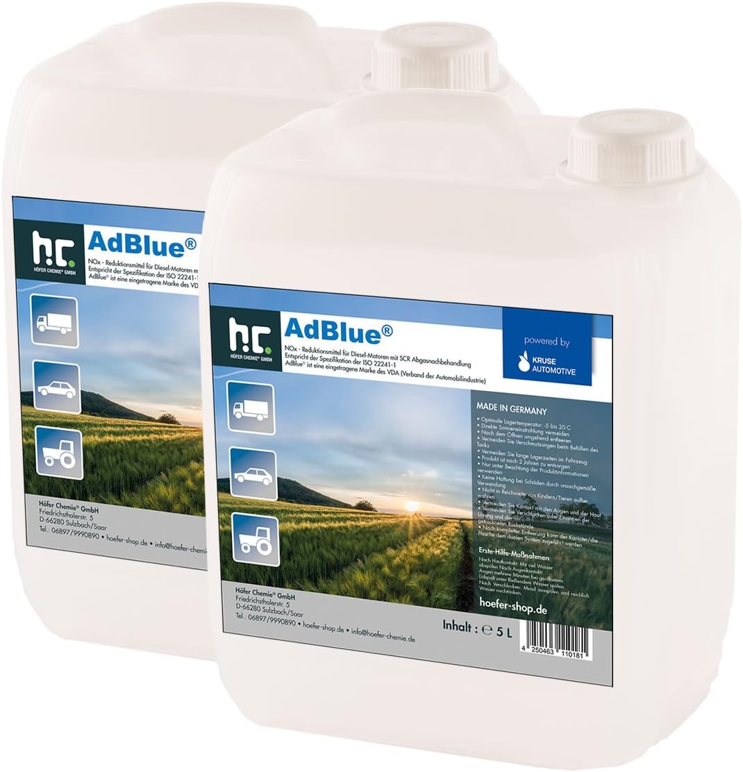 AdBlue® urea solution, 2 x 5 litre, car by Kruse, 90 %, at SCR, automotive, reduces emissions of nitrous oxide systems, Höfer Chemistry
