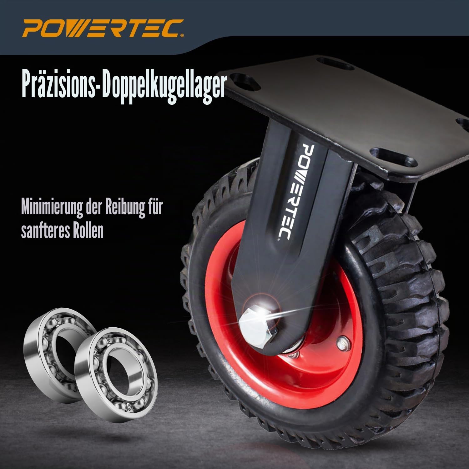 POWERTEC 17052V Feste Schwerlastrolle, 16,5 cm, 1 Stück, Schwarz, 15,2 cm