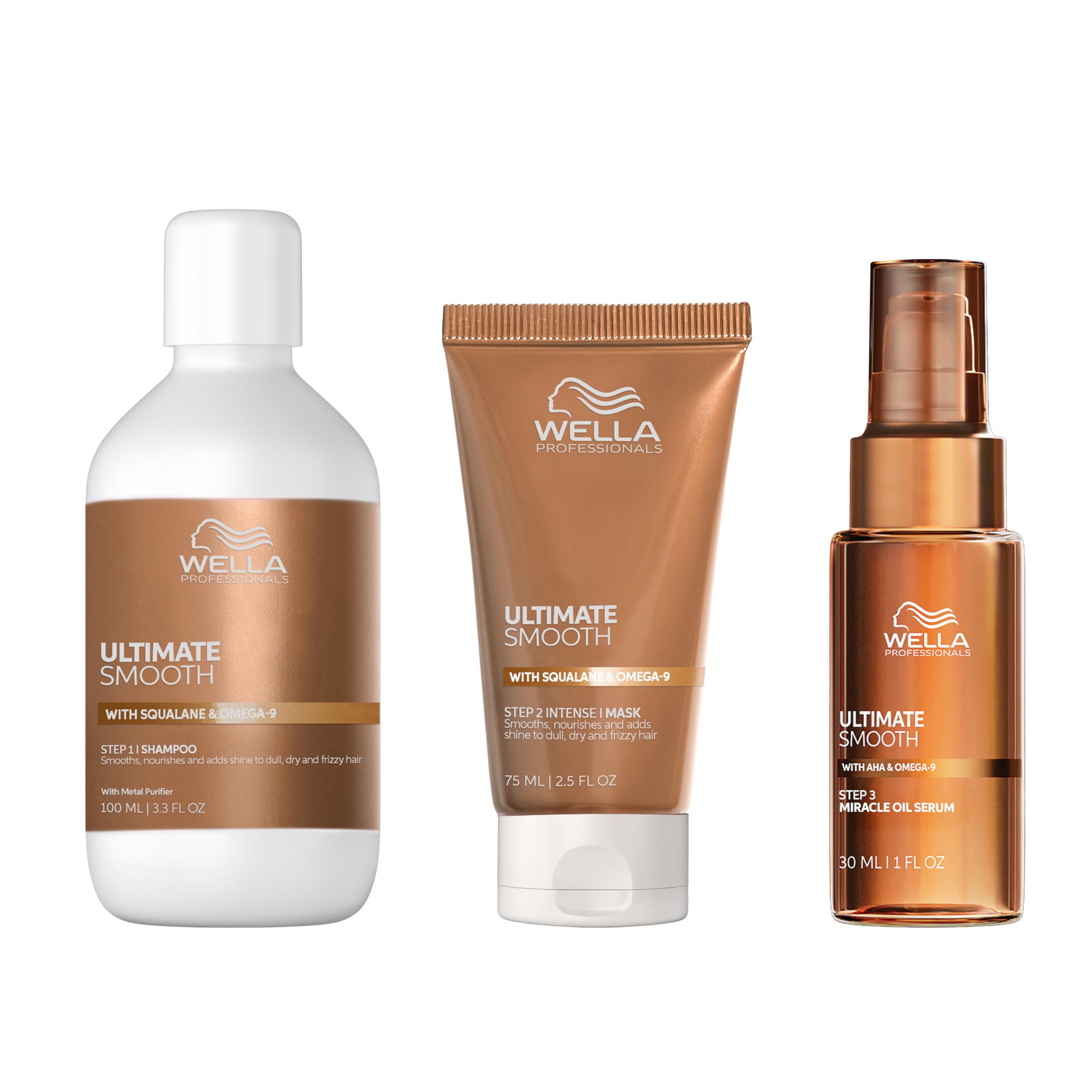 Wella Professionals Ultimate Smooth Shampoo, Maschera e Miracle Oil Serum - con Squalano e Omega 9 - Ristrutturante Capelli Secchi, Opachi e Crespi (100 ml, 75 ml e 30 ml)