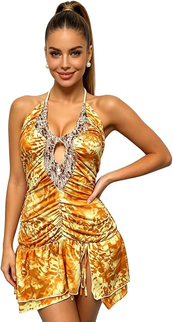 Womens Sexy Printed Sequin Halter Mini Dress Hollow Out Ruffle Hem Backless Short Dresses for Summer Beach Vacation