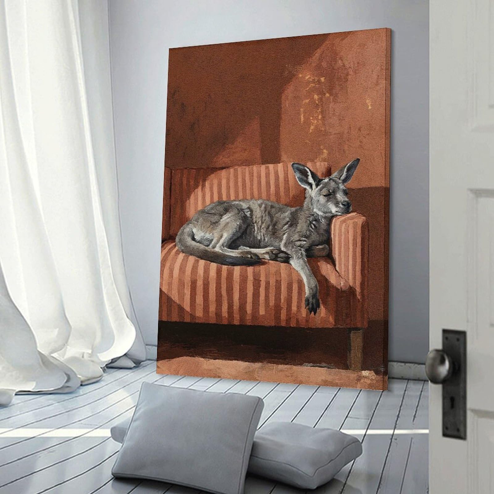 Junmoney Frame-Style-7-1 Kangaroo Napping On Striped Couch Canvas Wall Picture, 24X36inch(60X90cm), For Study, Office Or Apartment Decor, A Wall Art Gift For Fresh Interiors