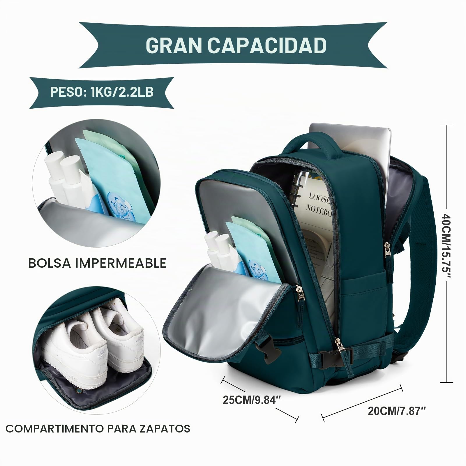 SZLX Mochila Viaje Cabina Avion 40x20x25 Mujer Ryanair Equipaje de mano 40x20x25 Ryanair Bolsa de Viaje Maletas de Viaje Cabina Avion Mochila Ordenador Portatil 14 Pulgadas Hombre 20L,Azul pavo real