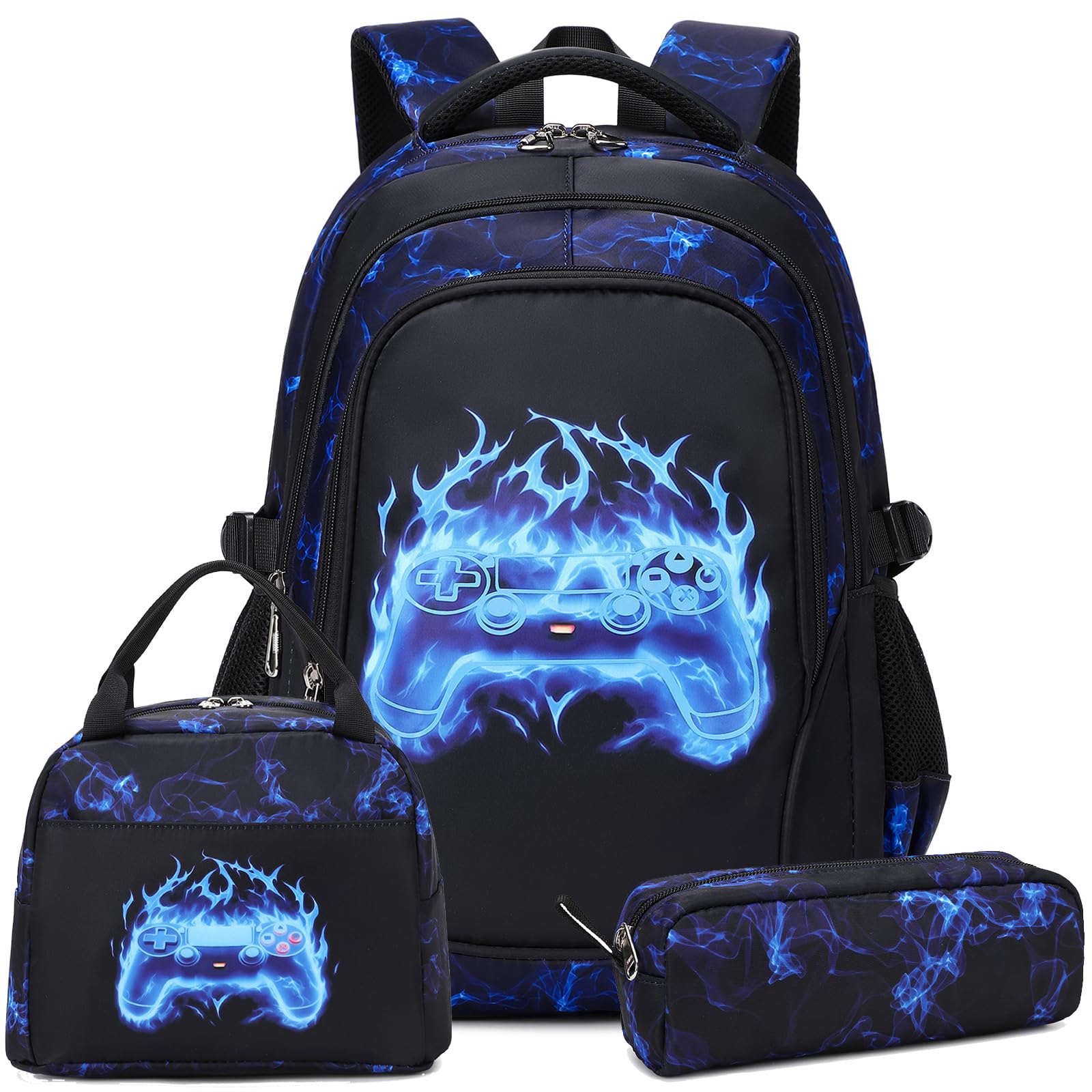 Kids Backpack for Boys Elementary School Backpack School Bag for Boys Luminous Game Backpacks Set Water Resistant(Blue Flame Game)