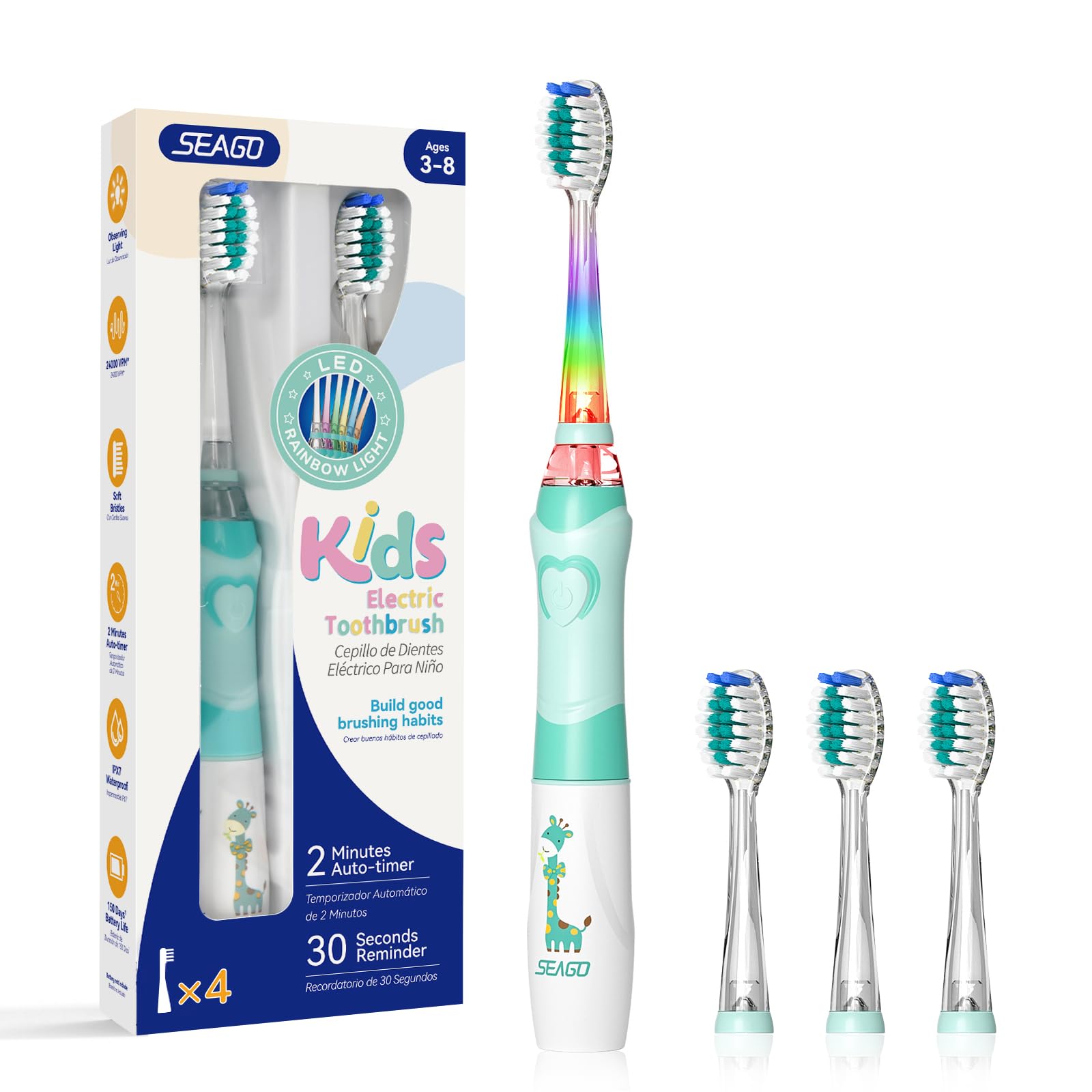 SEAGO Kids Electric Toothbrush, Timer, LED Light, AAA-Powered, 4 Heads