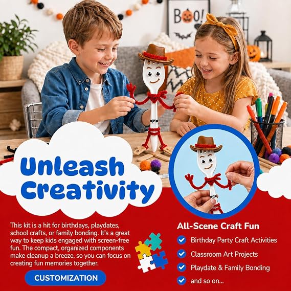 Fork Craft Kit, 100 Set DIY Sporks with Pipe Cleaners and Googly Eyes | Plastic forks, craft sticks, pipe cleaners and accessories for creative designs, home projects, parties and group activities