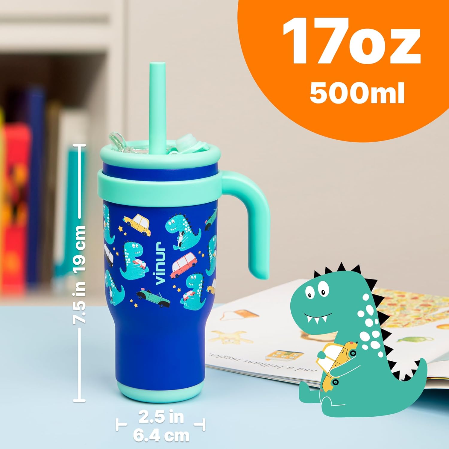 VINUR Kids Tumbler with Handle and Straw Lid |17 oz Stainless Steel Insulated Leak Proof Water Tumbler Mug for Kids Boys Girls 6+| Holder Friendly | Dinosaur - Image 2
