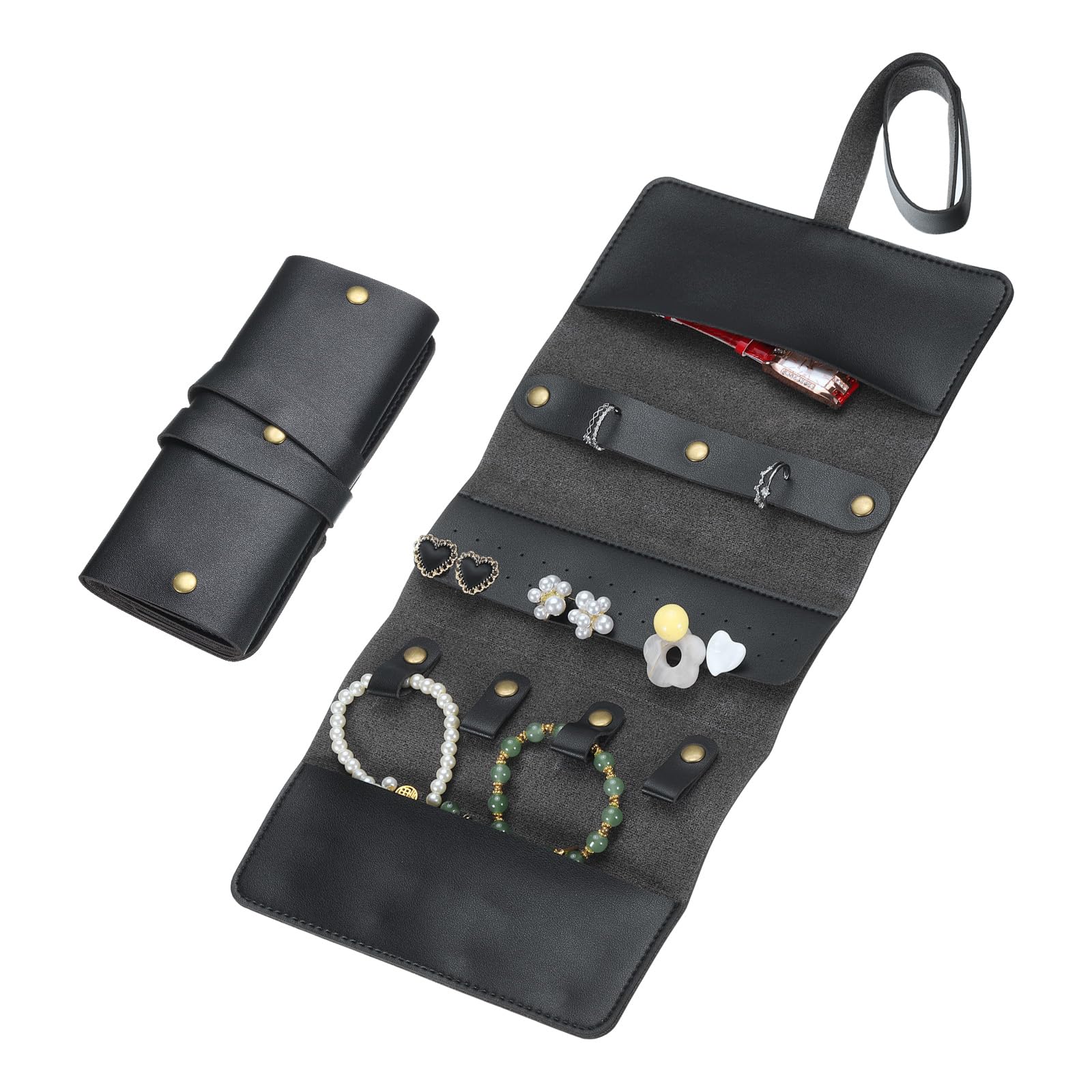 uxcell Travel Jewelry Roll Bag, Foldable Travel Jewelry Organizer Case, Portable Jewelry Pouch for Traveling Rings Necklaces Earrings Bracelets Jewelry Storage, Black