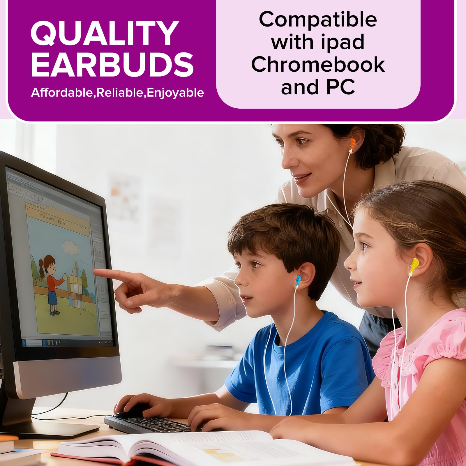 Confezione da 50 auricolari per bambini, per scuola, scuola, biblioteca, studenti, bambini, ragazzi, ragazze, adulti, multicolore, confezionati singolarmente, jack da 3,5 mm (YS001)