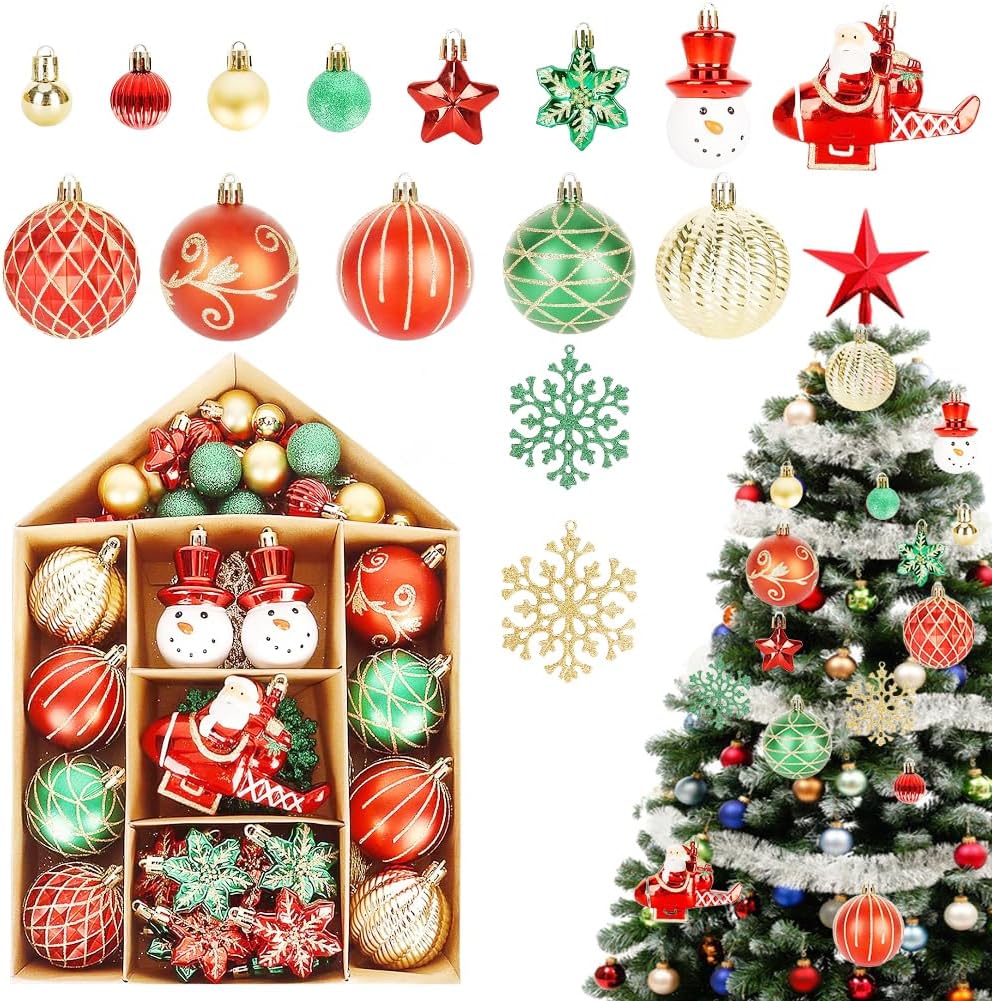 Pack of 70 Christmas Baubles Red and Green Christmas Tree Baubles 15 Different Designs Christmas Tree Baubles Plastic Christmas Tree Decorations Reusable Christmas Tree Baubles