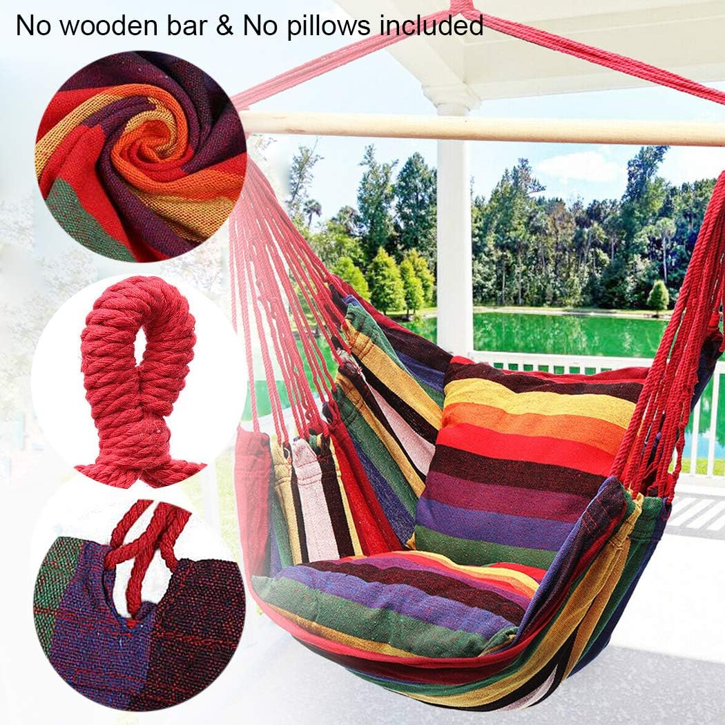 Hammock Chair Hanging Rope Swing Seat for Indoor Outdoor, Sturdy Cotton Weave Hammock Swing, Max 300Lbs Hanging Hammock Chair (Pole and Pillows NOT Included, Rainbow)