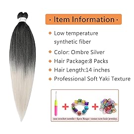 Braiding Hair Pre Stretched 14 Inch 8 Packs Gray Braiding Hair Yaki Texture, Hot Water Setting, Easy To Install Professional Synthetic Hair Extensions(14in,1B/Silver)