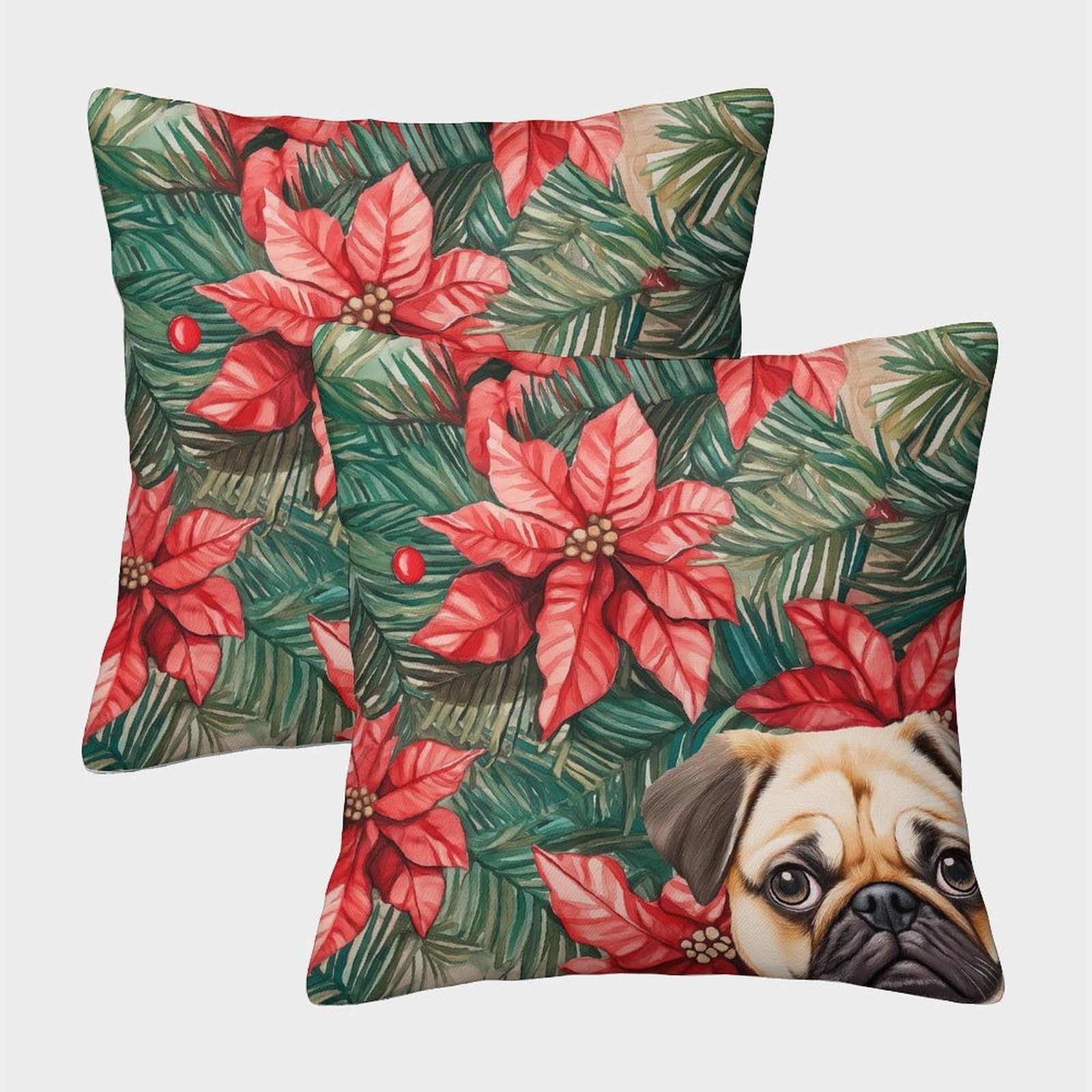 kaiyun 2 Pack Cute Pug,Poinsettia Flowers Pillowcase 50x50cm, Cushion Cover,3D Digital Printing Bed Sofa Decorative