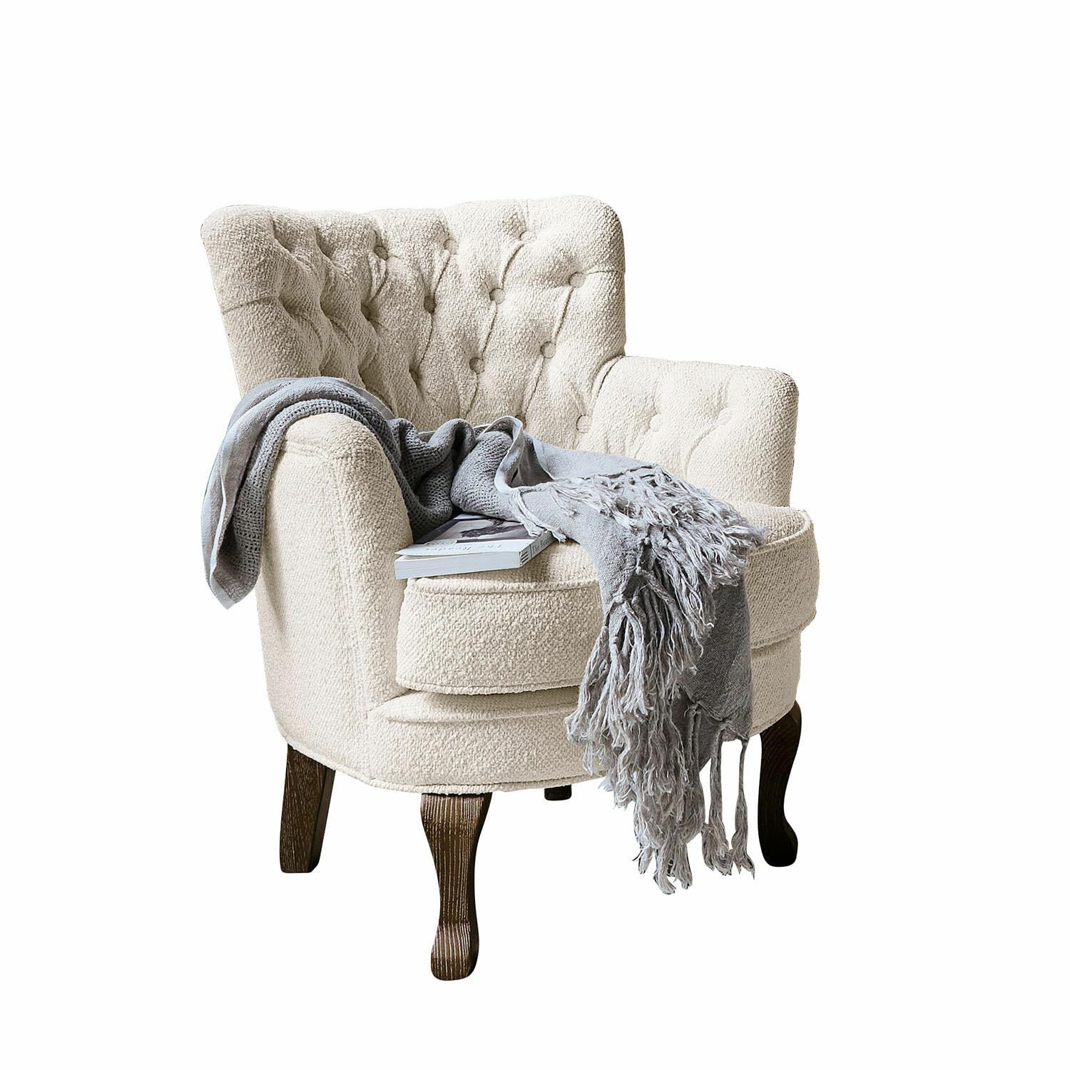 Loberon Sessel Calgary, Chesterfield-Steppung, Edles Design mit Nostalgischer Note, Handgedrechselte Füße, Sitzmöbel, Eschenholz, Polyester, Creme