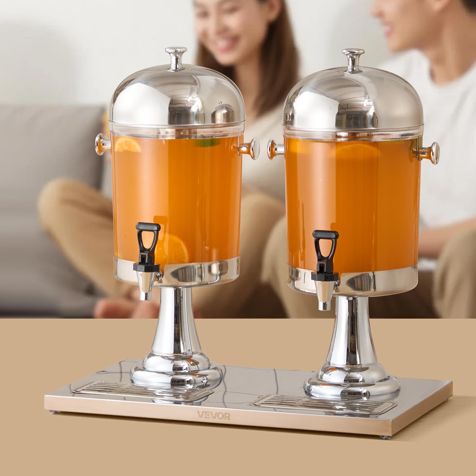 VEVOR Distributeur de Boissons Capacité 2x 8 L, Fontaine à Eau en Acier Inoxydable et Plastique, avec Robinet, Compartiment à Glace et Plateau, Distribution de Jus Limonade Thé Glacé, Restaurant Café