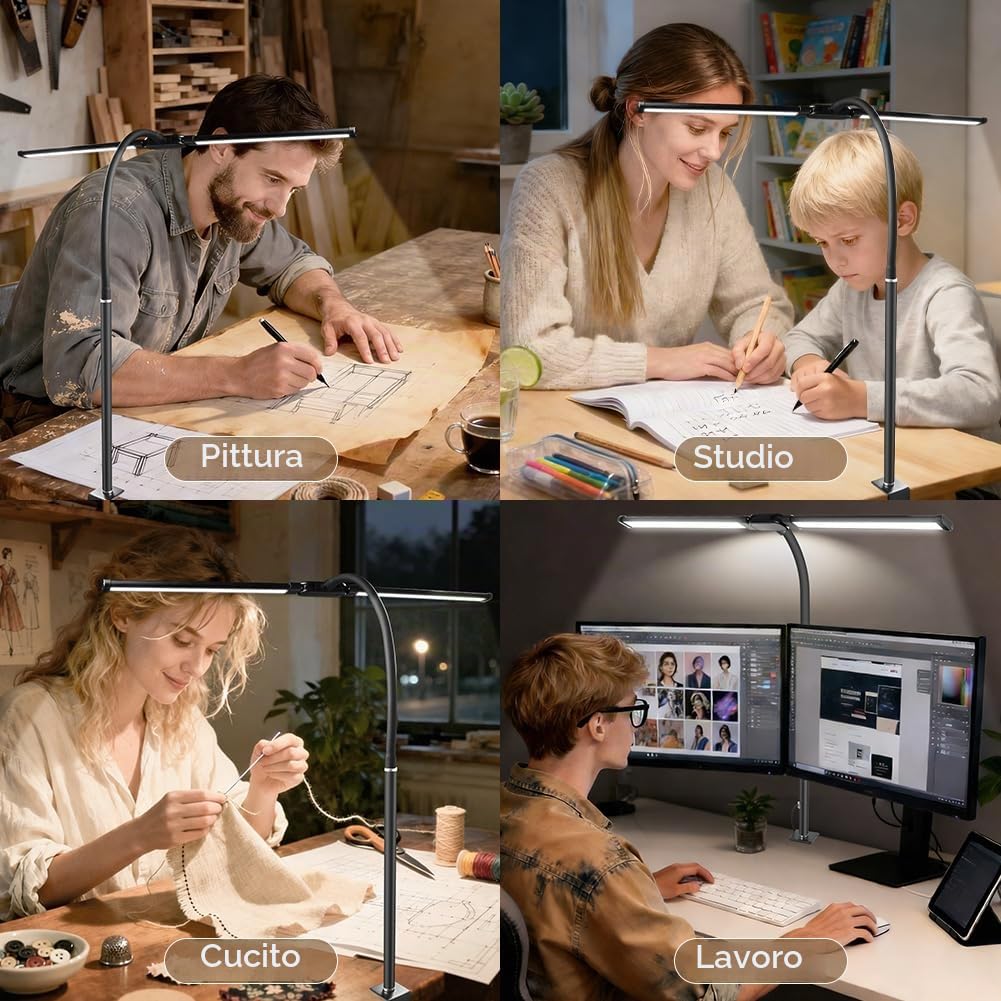 Lampada da Scrivania LED, 160 LED lampada da scrivania a doppia testa, 1200 LM, con Morsetto e Telecomando, 30 Modalità, 360° collo di cigno, Porta USB/Timer, per Lavoro Studiare o Leggere