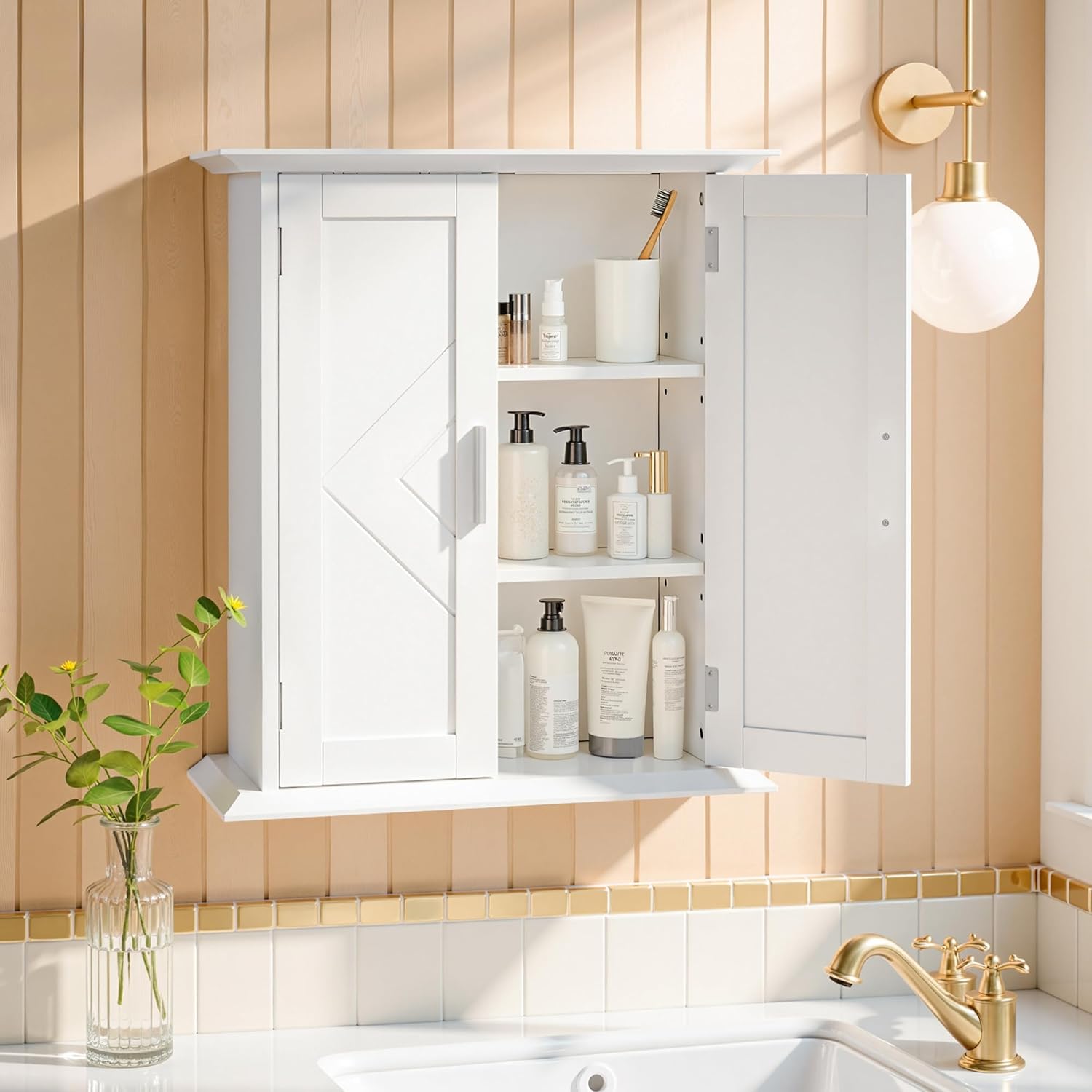 VECELO Bathroom Wall Mounted Medicine Cabinet, Over The Toilet Storage with Adjustable Shelf and 2 Doors, Space Saving Cupboard for Kitchen, Living Room, Bedroom, Entryway, White