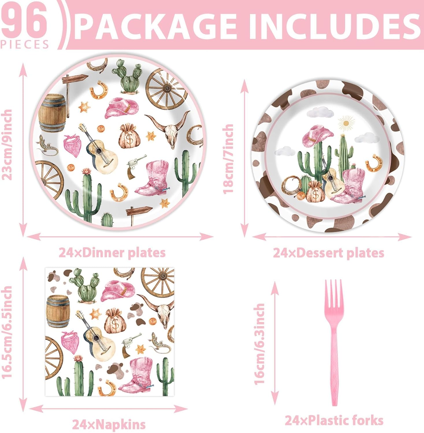 96pcs Western Cowgirl Party Plates and Napkins, Cowgirl Party Decorations for Girl Pink Western Party Dessert Plates, Baby Shower Kids Rodeo Pink Birthday Wild West Cow Print Tableware Decor, Serve 24 - Image 2