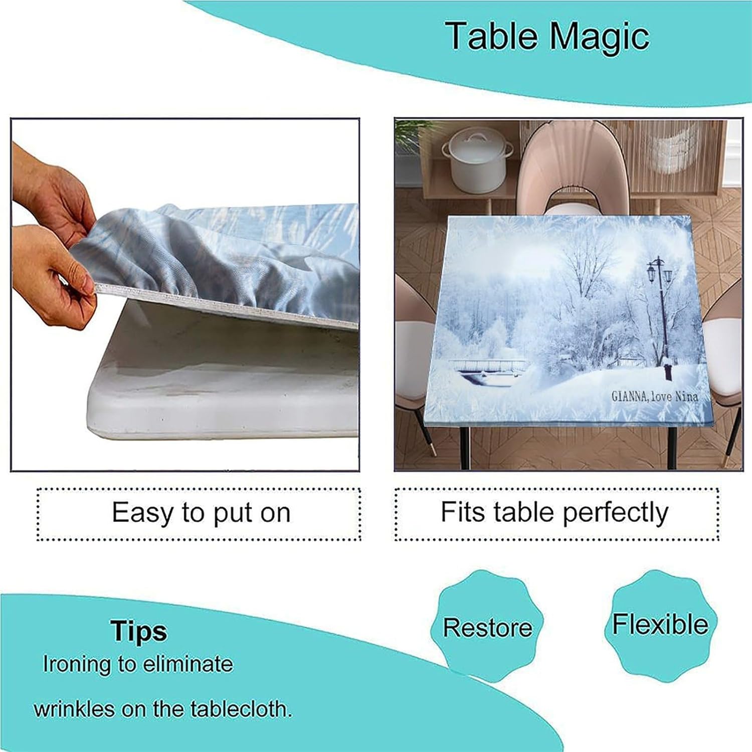 Elastic Fitted Card Table Cover, Winter Trees in Wonderland Pattern Printed on Stain Resistant Polyester Table Cover, for Outdoor Patio and Indoor Kitchen Dining Party, Fit for 48" x 48"square table