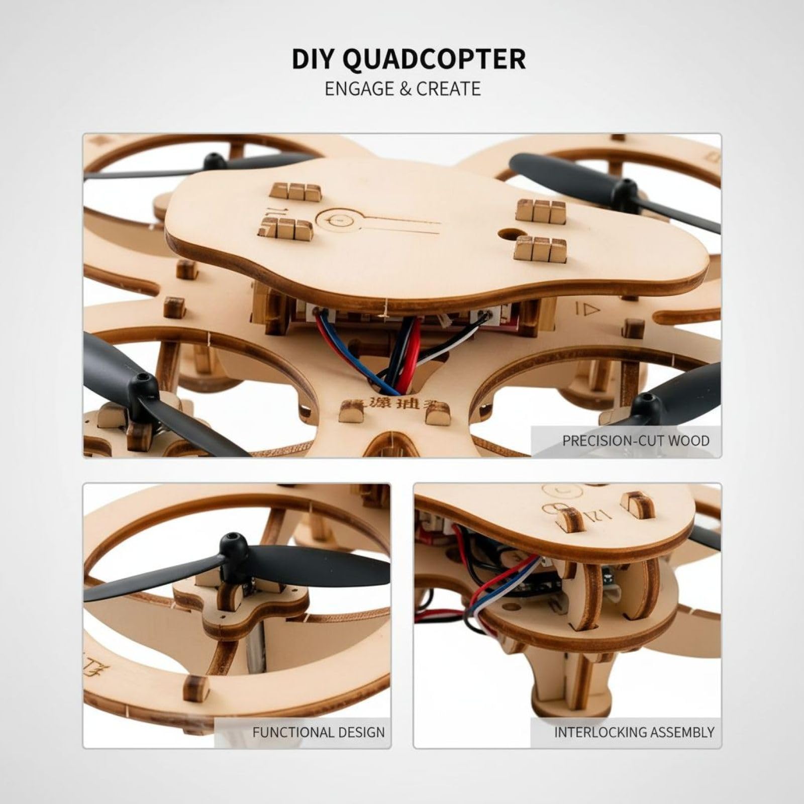 Generisch Holz DIY Quadrocopter Bausatz, leichter RC Quadrocopter mit fester Höhe und stabilem Flugverhalten, einfacher Aufbau, Lernmodell zum Mitmachen, für interaktive MINT Projekte