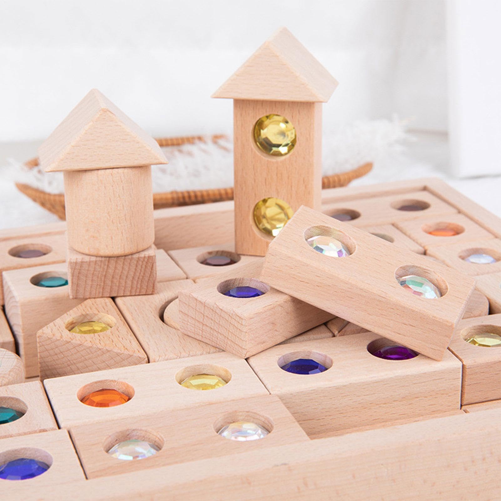 Di Gemme Di Legno - Quadrati Di Costruzione Ad Incastro Con Intarsio | Acrilico, Tavolo Luminoso Per Smistamento Matematico Di Materiale Sensoriale, Cubi Per Lo Sviluppo 'intelligenza Infant