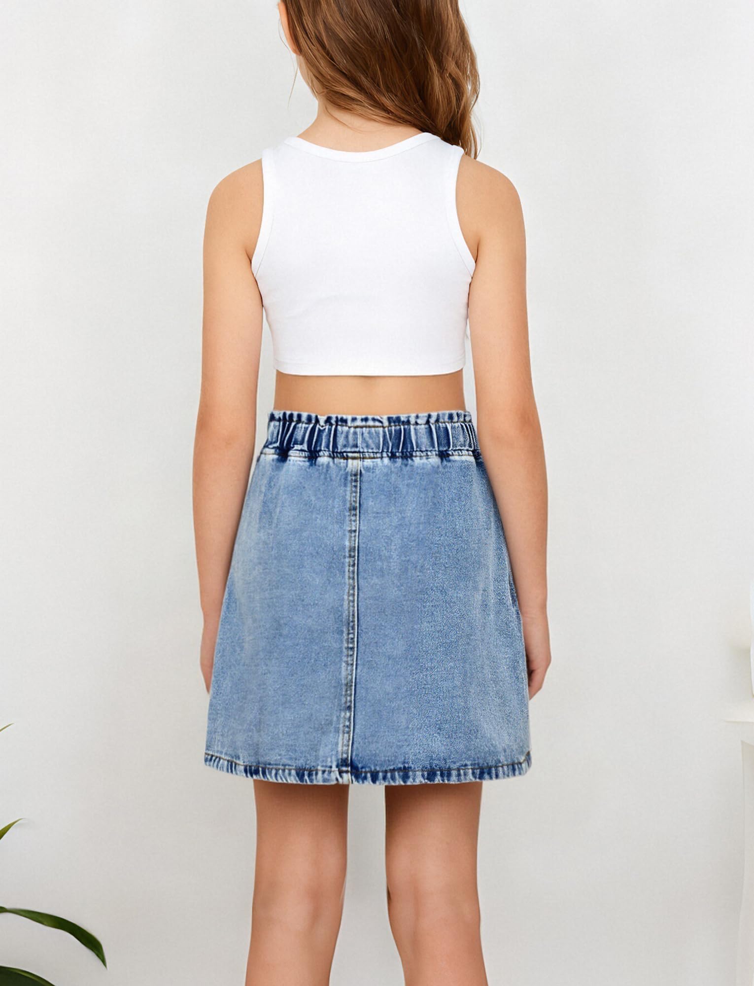 Maeau Gonna corta in jeans da ragazza, gonna corta estiva a vita alta, linea ad A, in denim lavato, con tasche, 8-12 anni