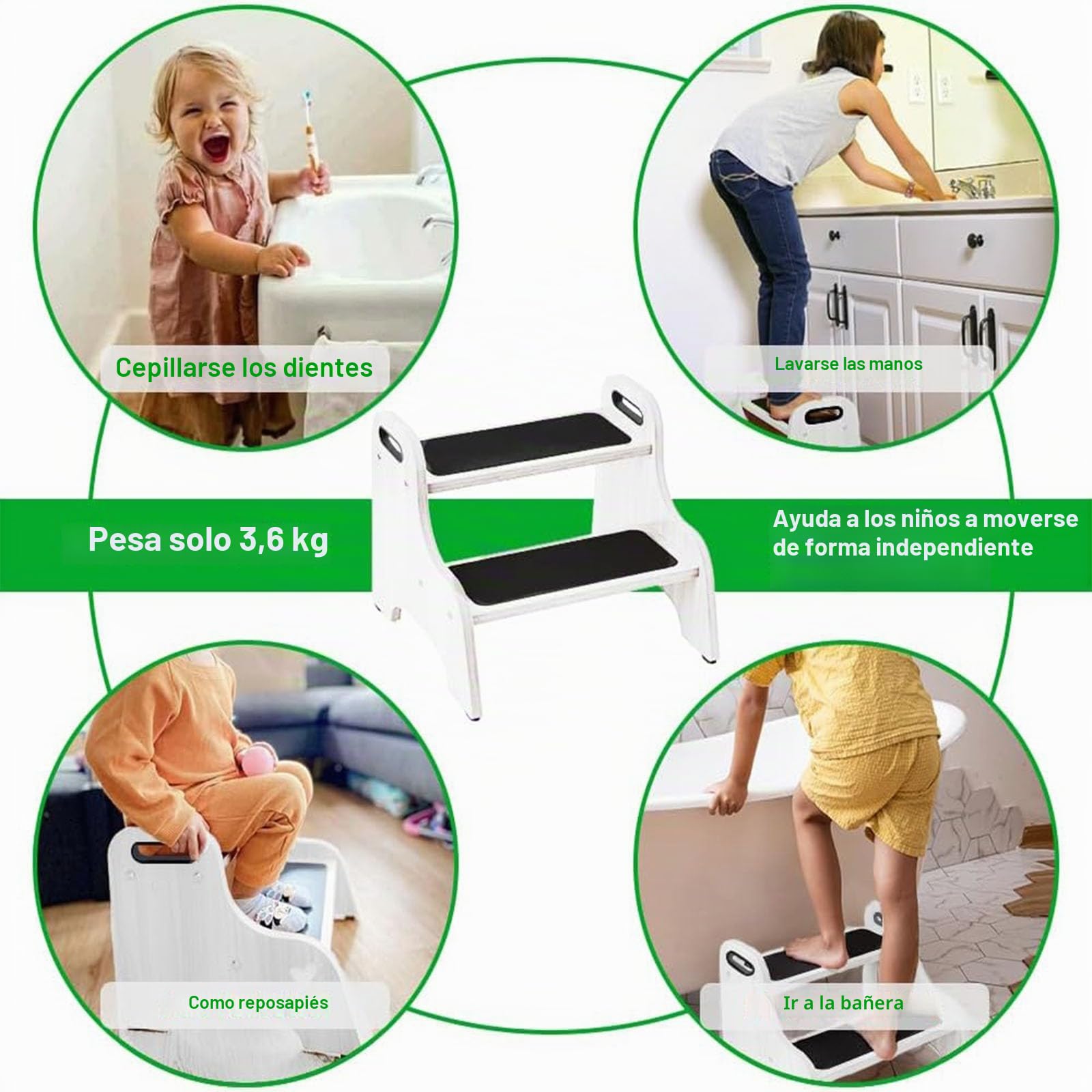 StrongTek Taburete de madera de 2 escalones para niños con superficie antideslizante, asas portátiles, almohadillas antideslizantes y capacidad de 350 libras, soporte multiusos resistente (blanco)