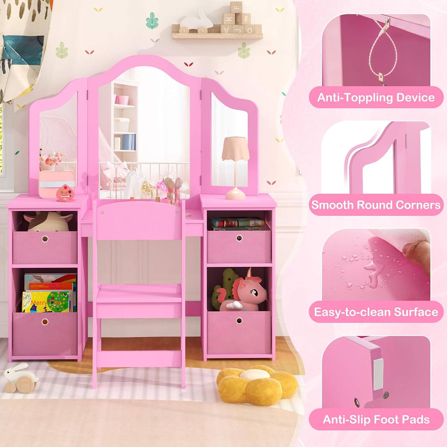 KOTEK Kids Vanity Table and Chair Set, 2 in 1 Wooden Princess Dressing Table with Tri-Folding Mirror & 4 Storage Bins, Toddler Makeup Vanity Set for Little Girls (Pink)