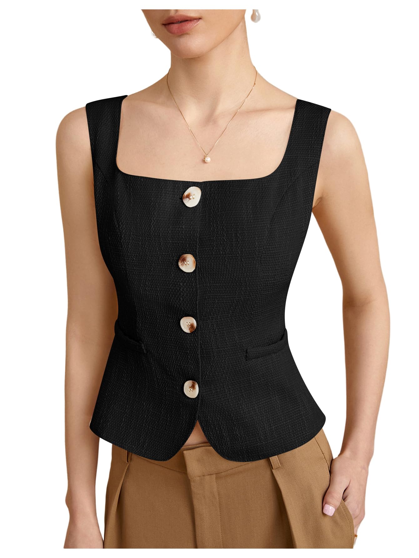 Womens Square Neck Button Down Blouse Sleeveless Split Hem Business Casual Vest Top