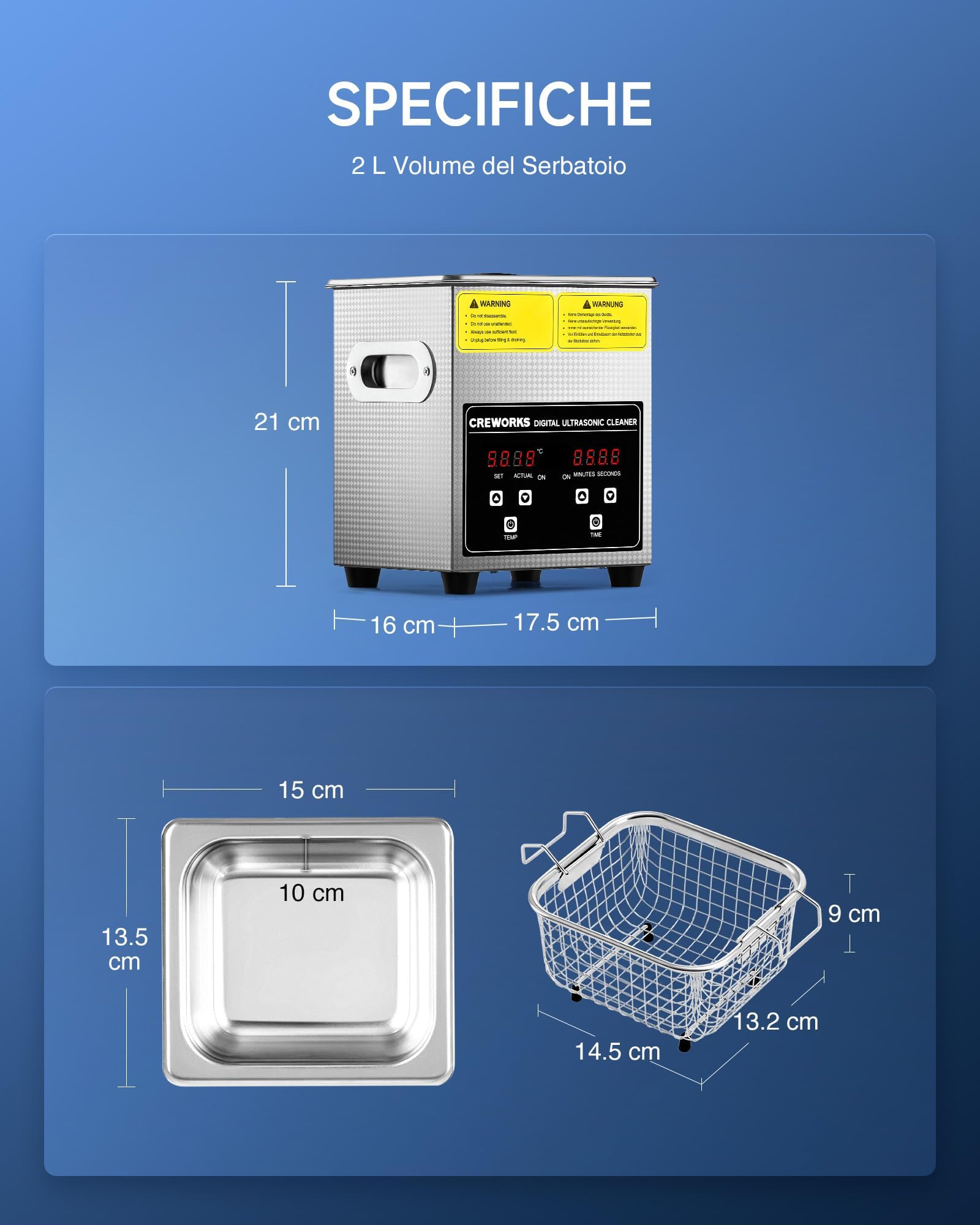 CREWORKS Pulitore a Ultrasuoni 2L Professionale, Lavatrice Ultrasuoni 60W con Riscaldatore 100W e Timer Digitale, Vasca Ultrasuoni in Acciaio Inox SUS304 per Gioielli, Occhiali, Protesi, Monete