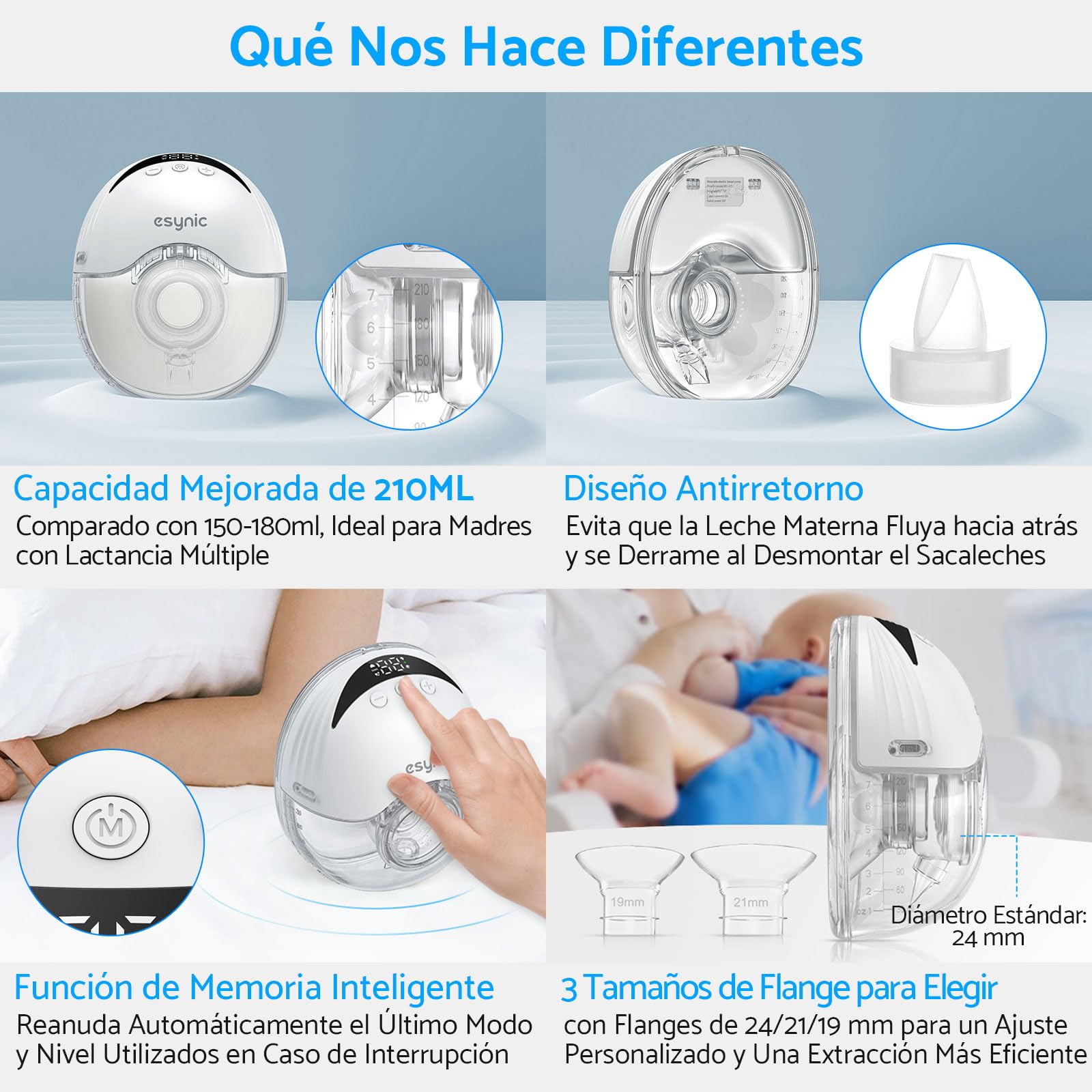 eSynic Sacaleches Eléctrico Manos Libres con 4 Modos y 12 Niveles Extractor de Leche Materna de 210ml Menos Ruido con Bridas de 24/21/19 mm a Prueba de Fugas Extractor de Leche Inalámbrico Sin BPA