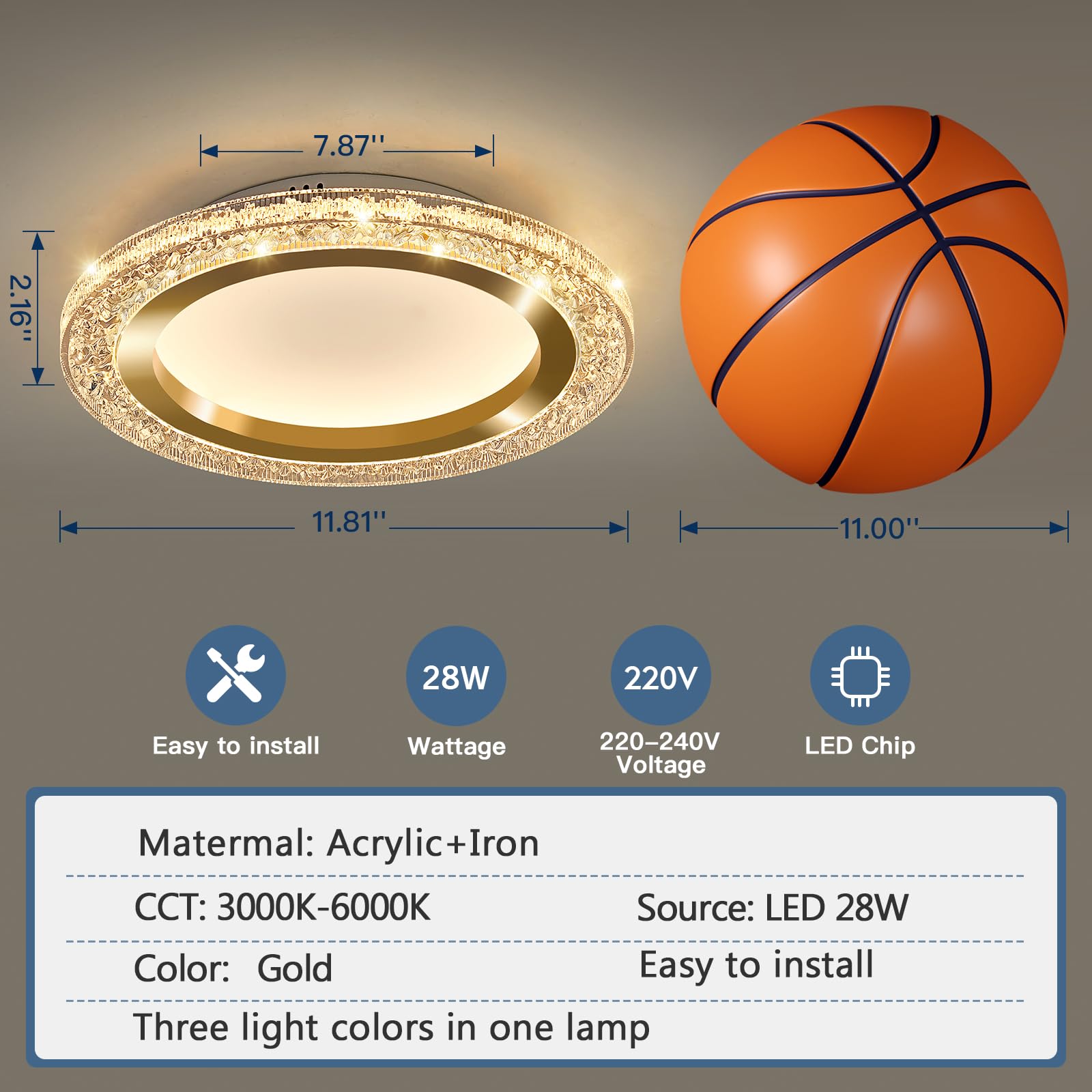 EOPSPYI 28W Gold LED Flush Mount Ceiling Light 11.81" Modern Round Ceiling Light Fixture 3000K-6000K Super Bright Circle Ceiling Chandelier for Bedroom Kitchen Hallway Bathroom - Image 2