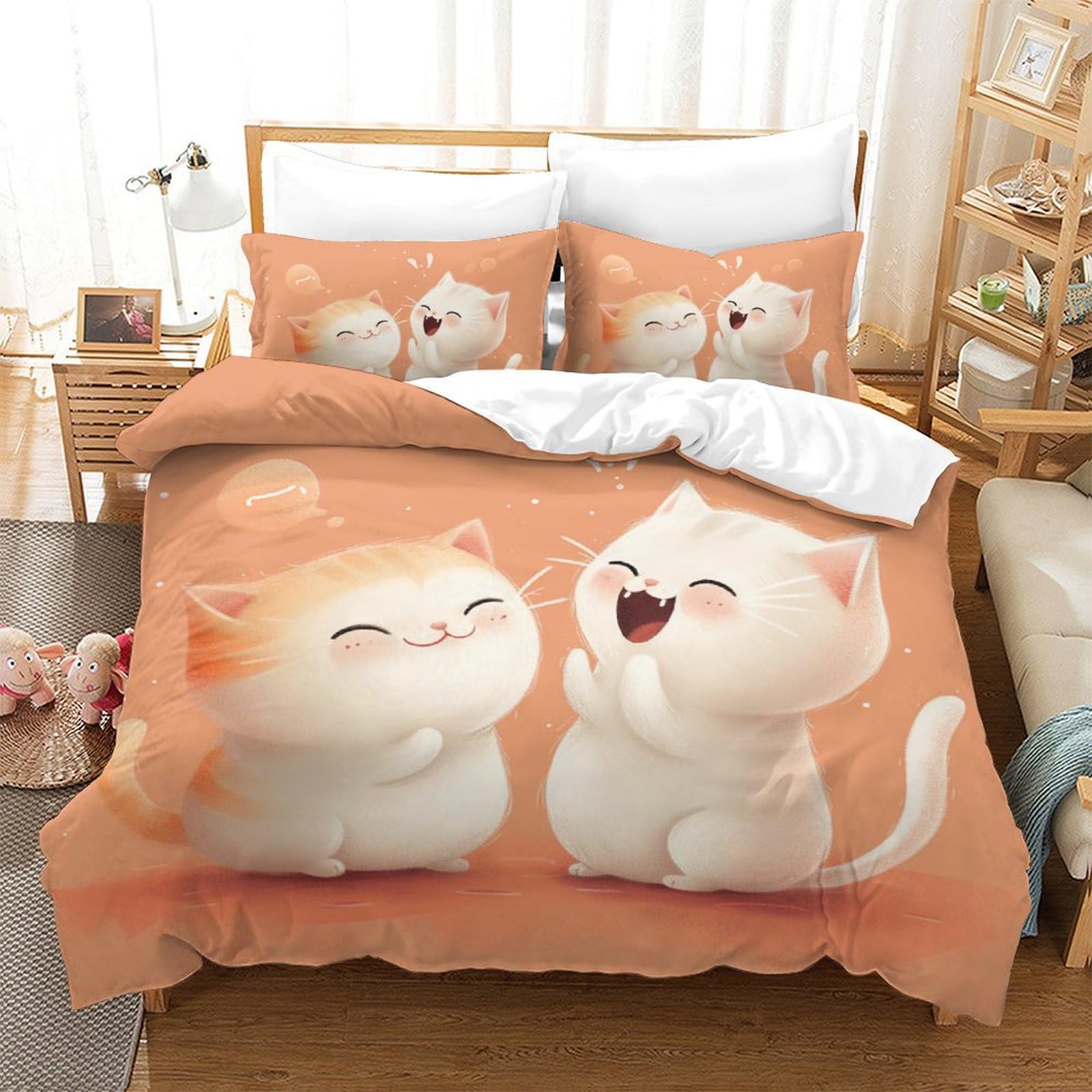 Housse de Couette Chat 3D 200x200cm avec 2 Taies d'Oreiller en Microfibre pour Enfant