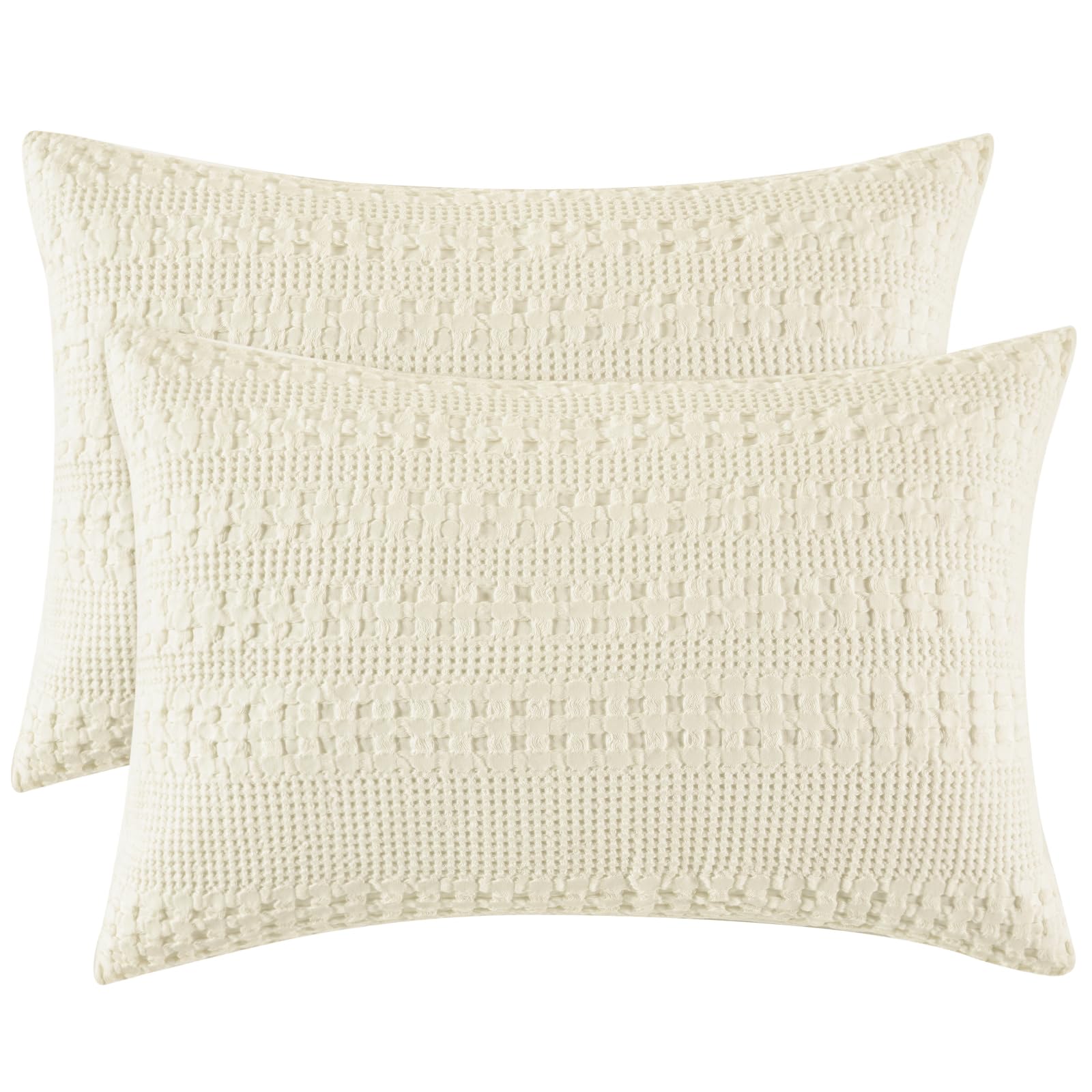 phf waffle weave pillow shams queen size, 2 pack 100% cotton pillowcases 20" x 30", no insert, soft & breathable aesthetic woven pillow case covers for bedroom decor, canmoli cream